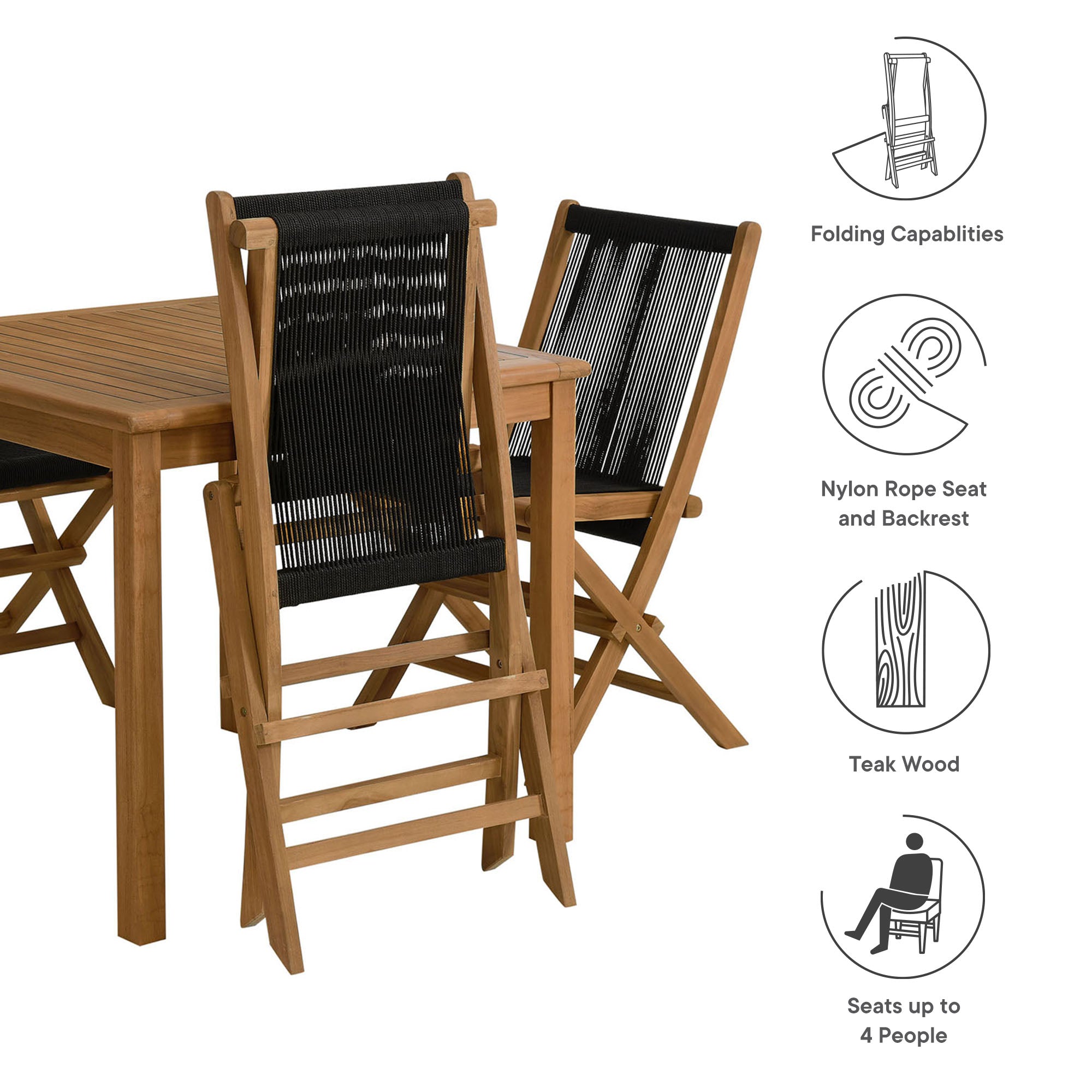 Modway Vienna 5-Piece Outdoor Patio Teak Wood Dining Set with Rope Folding Chairs