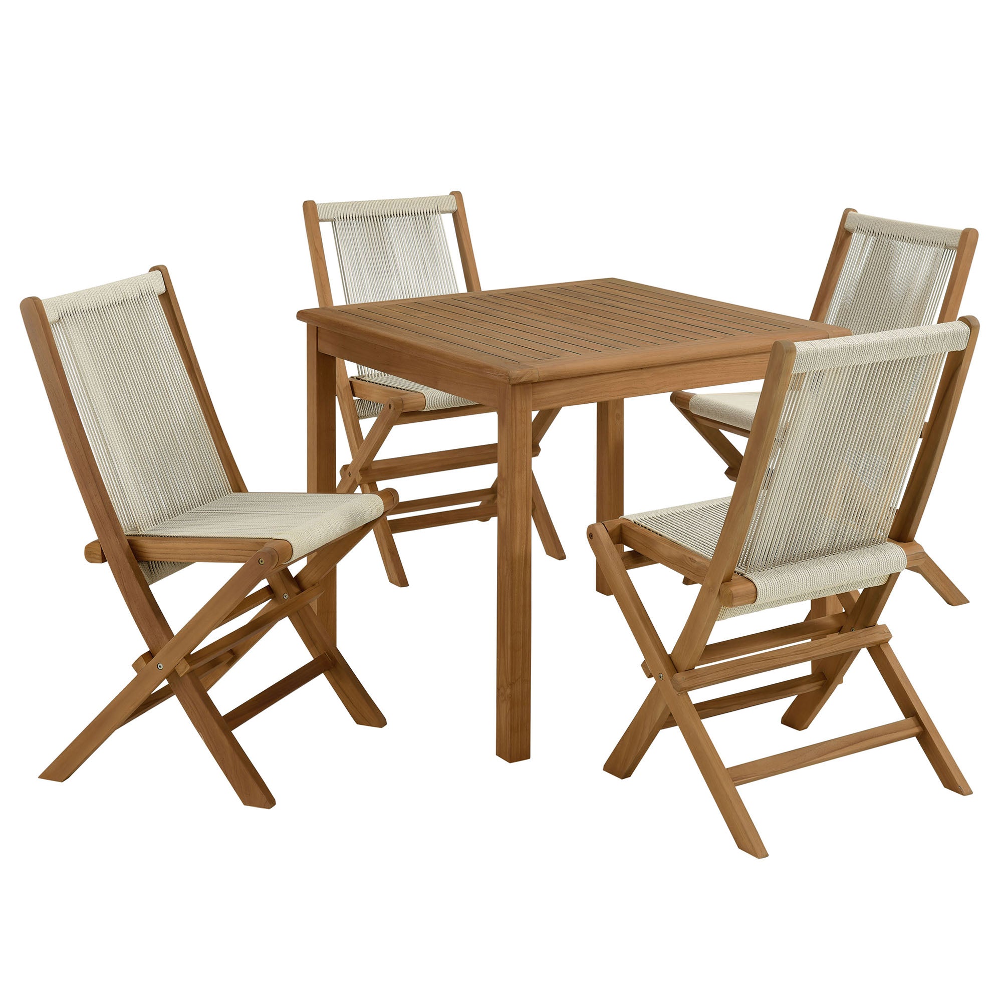 Modway Vienna 5-Piece Outdoor Patio Teak Wood Dining Set with Rope Folding Chairs