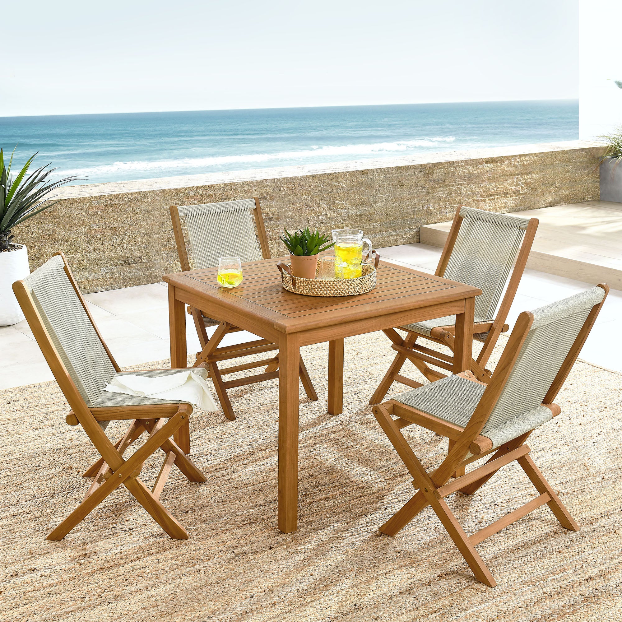 Modway Vienna 5-Piece Outdoor Patio Teak Wood Dining Set with Rope Folding Chairs