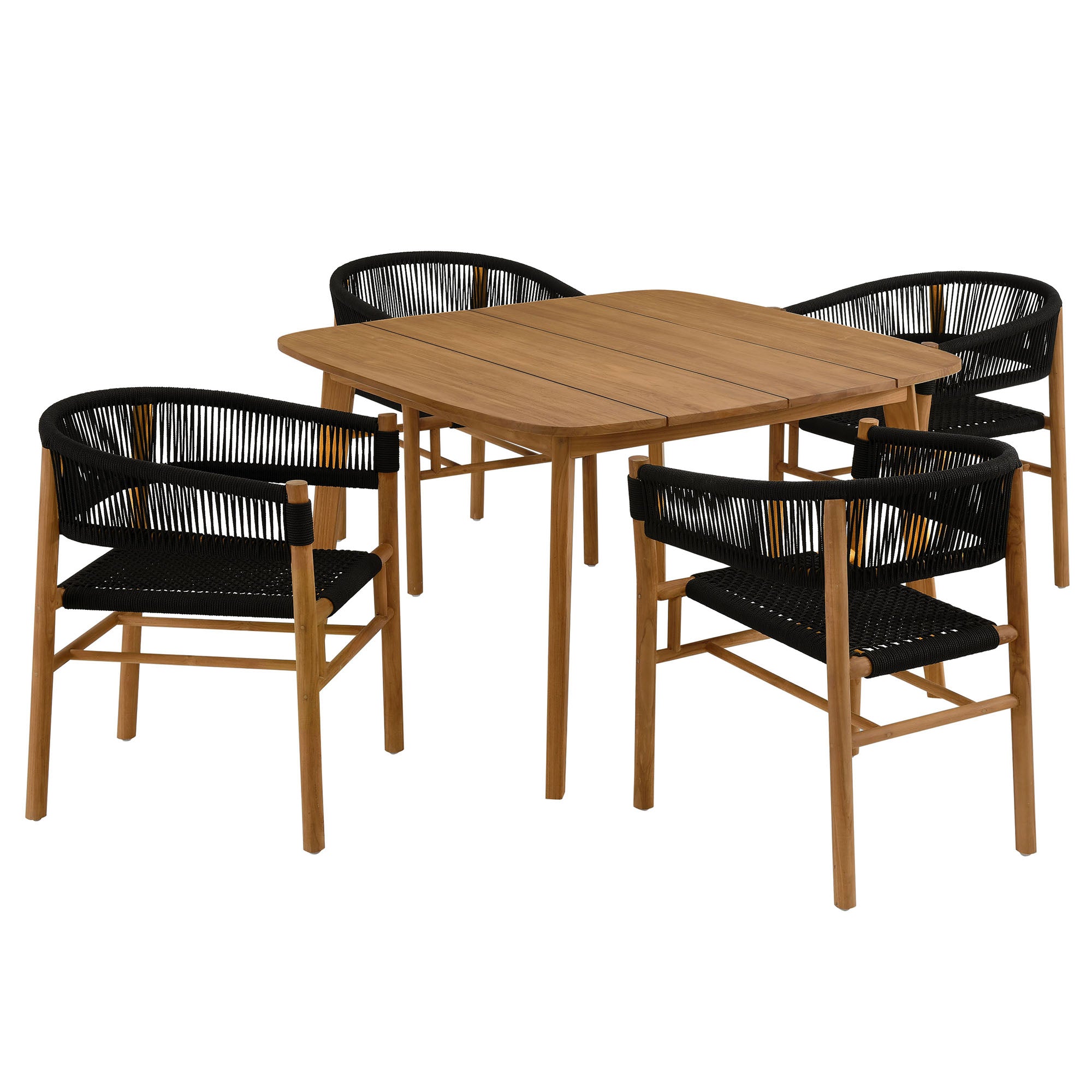 Modway Vienna 5-Piece Outdoor Patio Teak and Rope Dining Set with Curved-Back Armchairs