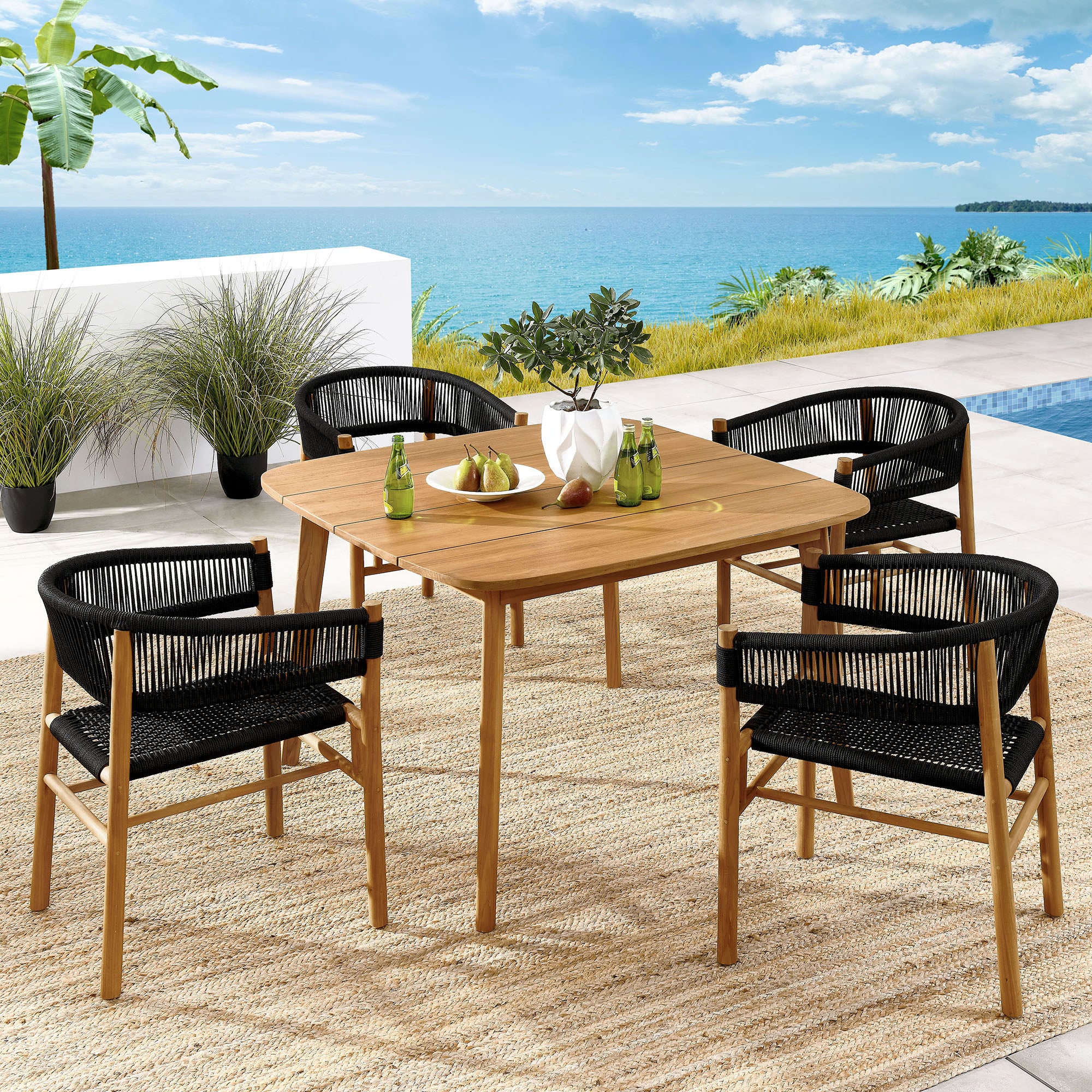 Modway Vienna 5-Piece Outdoor Patio Teak and Rope Dining Set with Curved-Back Armchairs