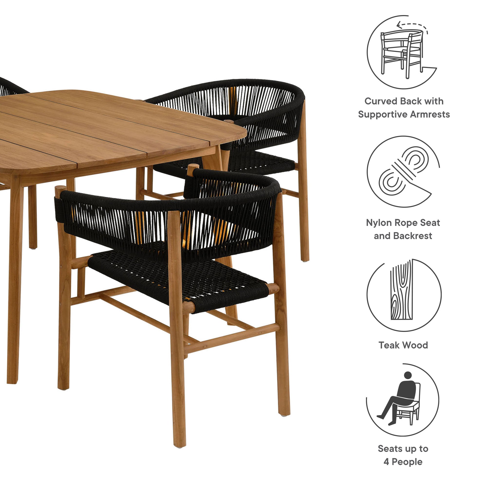 Modway Vienna 5-Piece Outdoor Patio Teak and Rope Dining Set with Curved-Back Armchairs