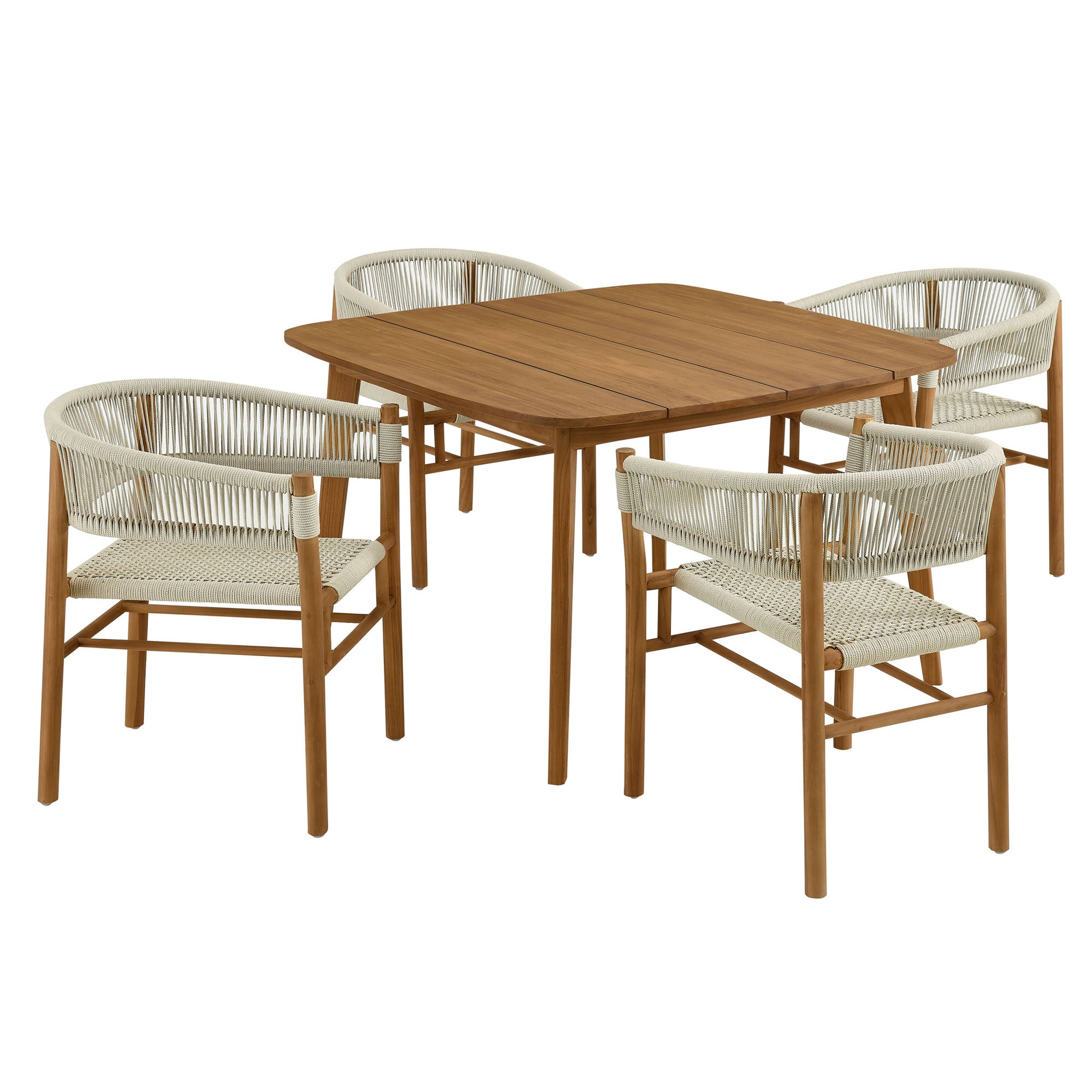 Modway Vienna 5-Piece Outdoor Patio Teak and Rope Dining Set with Curved-Back Armchairs