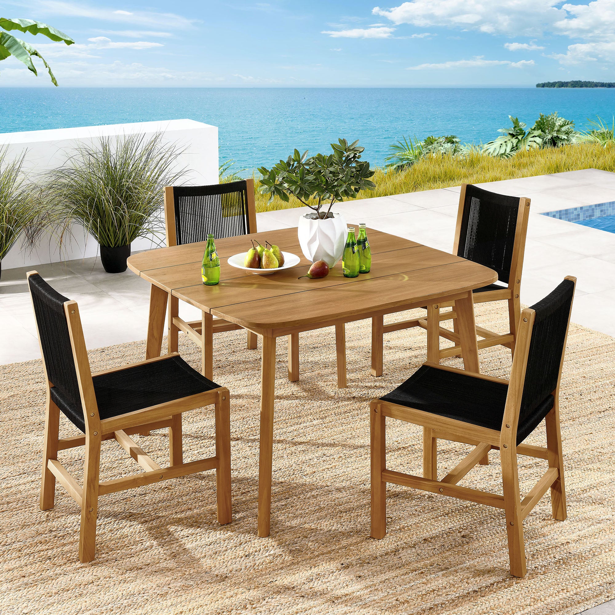 Modway Vienna 5-Piece Outdoor Patio Teak and Rope Dining Set with Armless Chairs