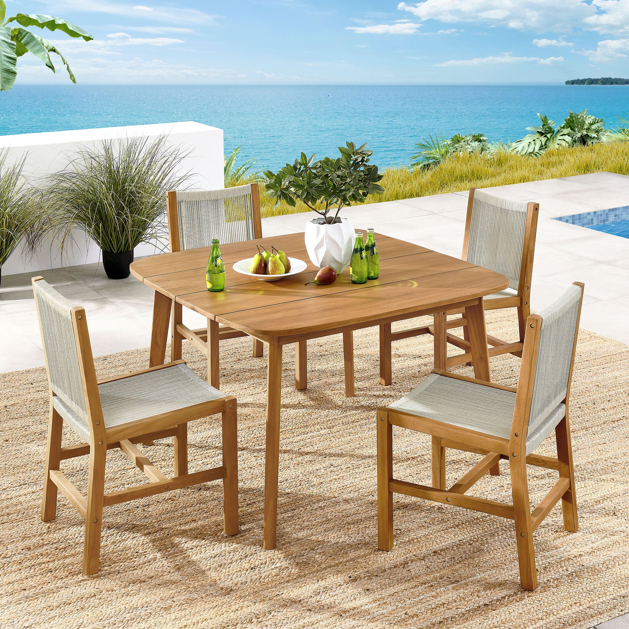 Modway Vienna 5-Piece Outdoor Patio Teak and Rope Dining Set with Armless Chairs