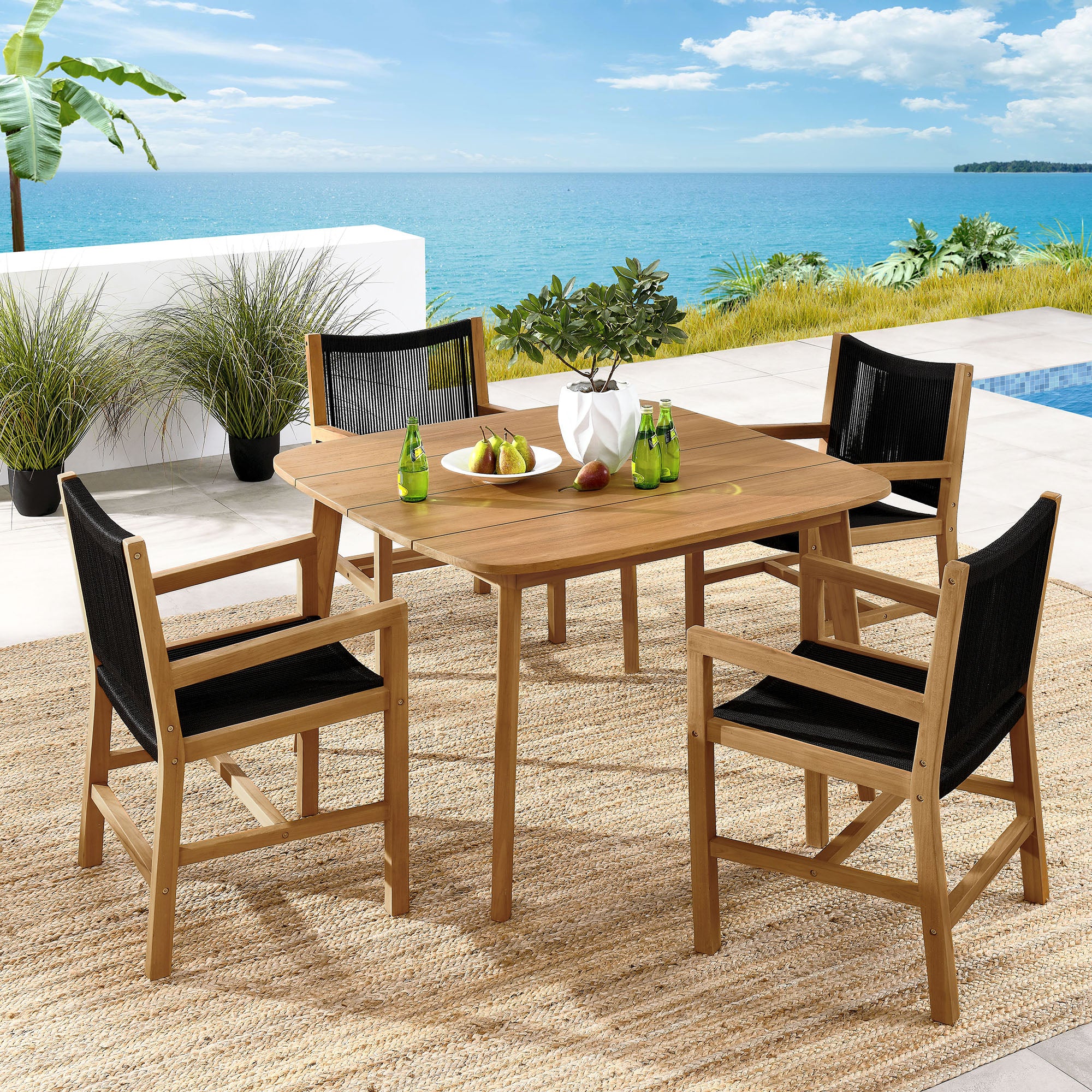 Modway Vienna 5-Piece Outdoor Patio Teak and Rope Dining Set with Armchairs