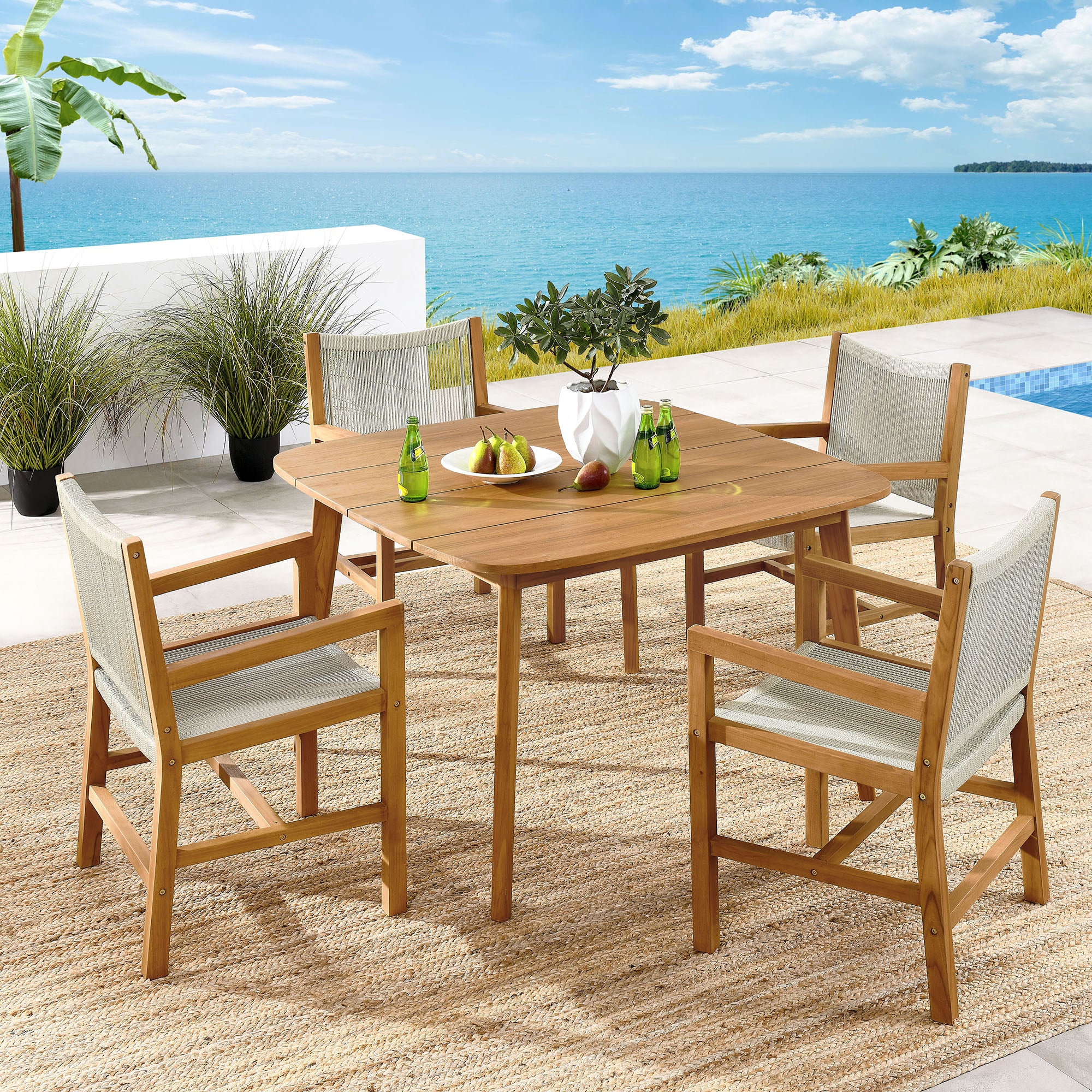 Modway Vienna 5-Piece Outdoor Patio Teak and Rope Dining Set with Armchairs