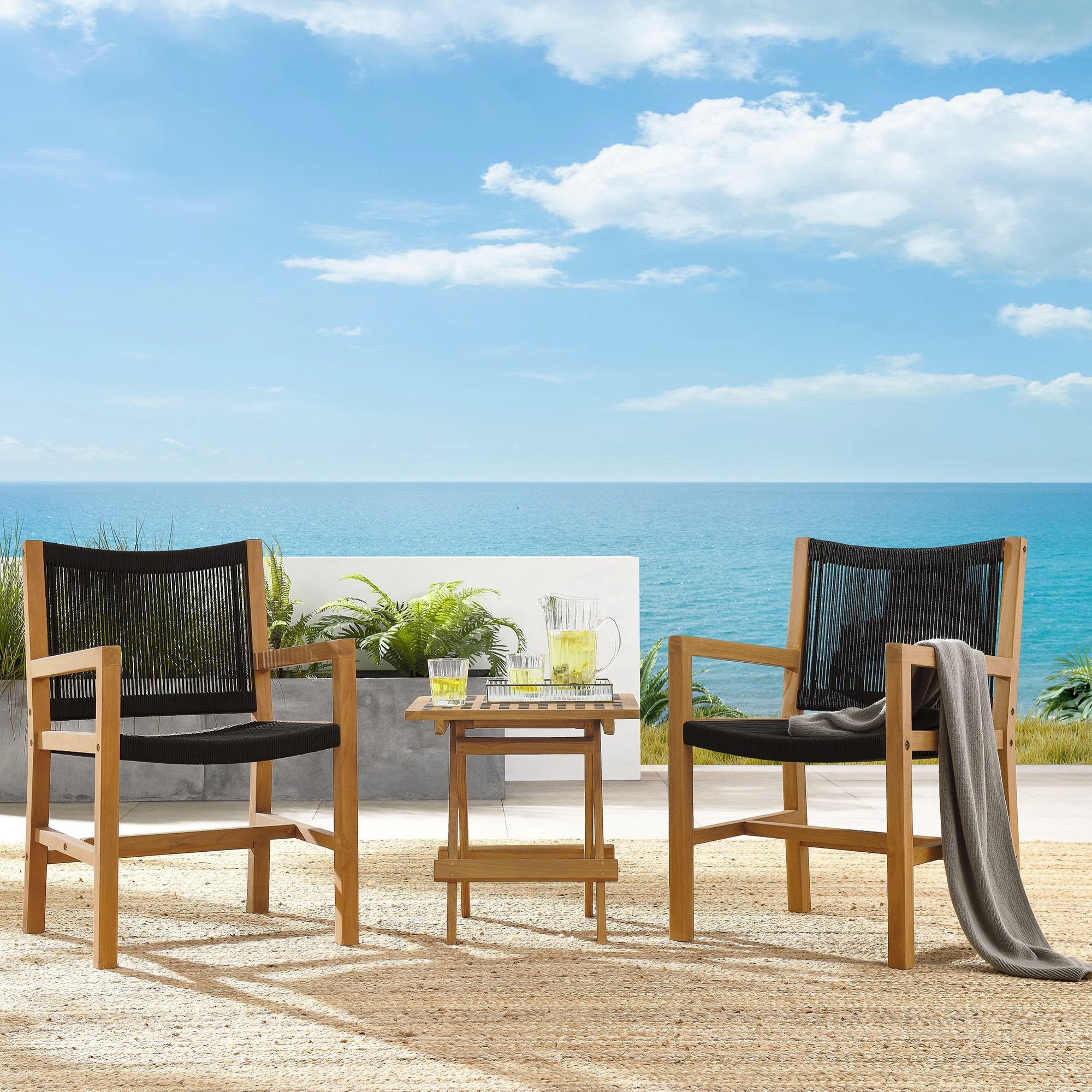 Modway Vienna 3-Piece Outdoor Patio Teak and Rope Armchairs with Folding Side Table