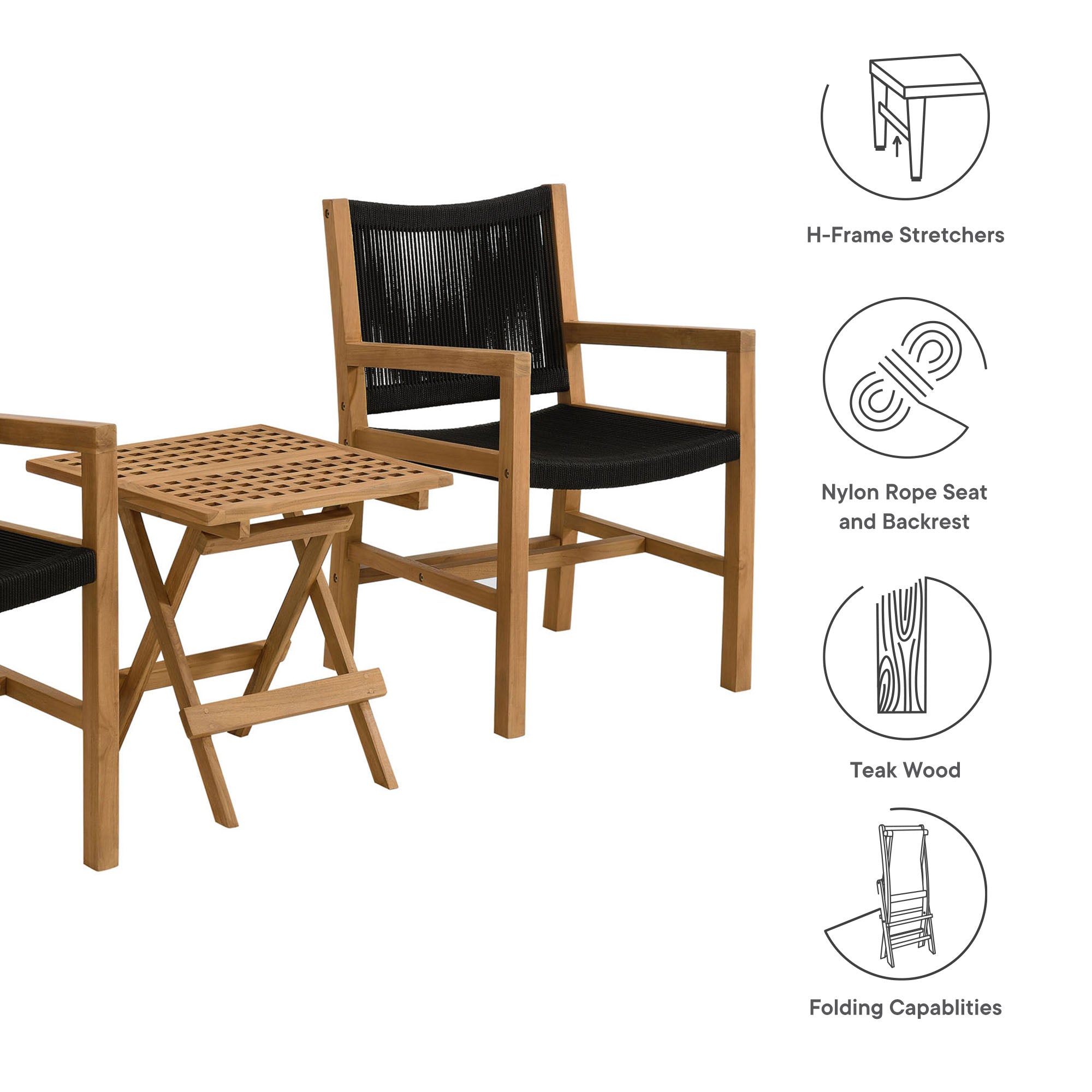 Modway Vienna 3-Piece Outdoor Patio Teak and Rope Armchairs with Folding Side Table