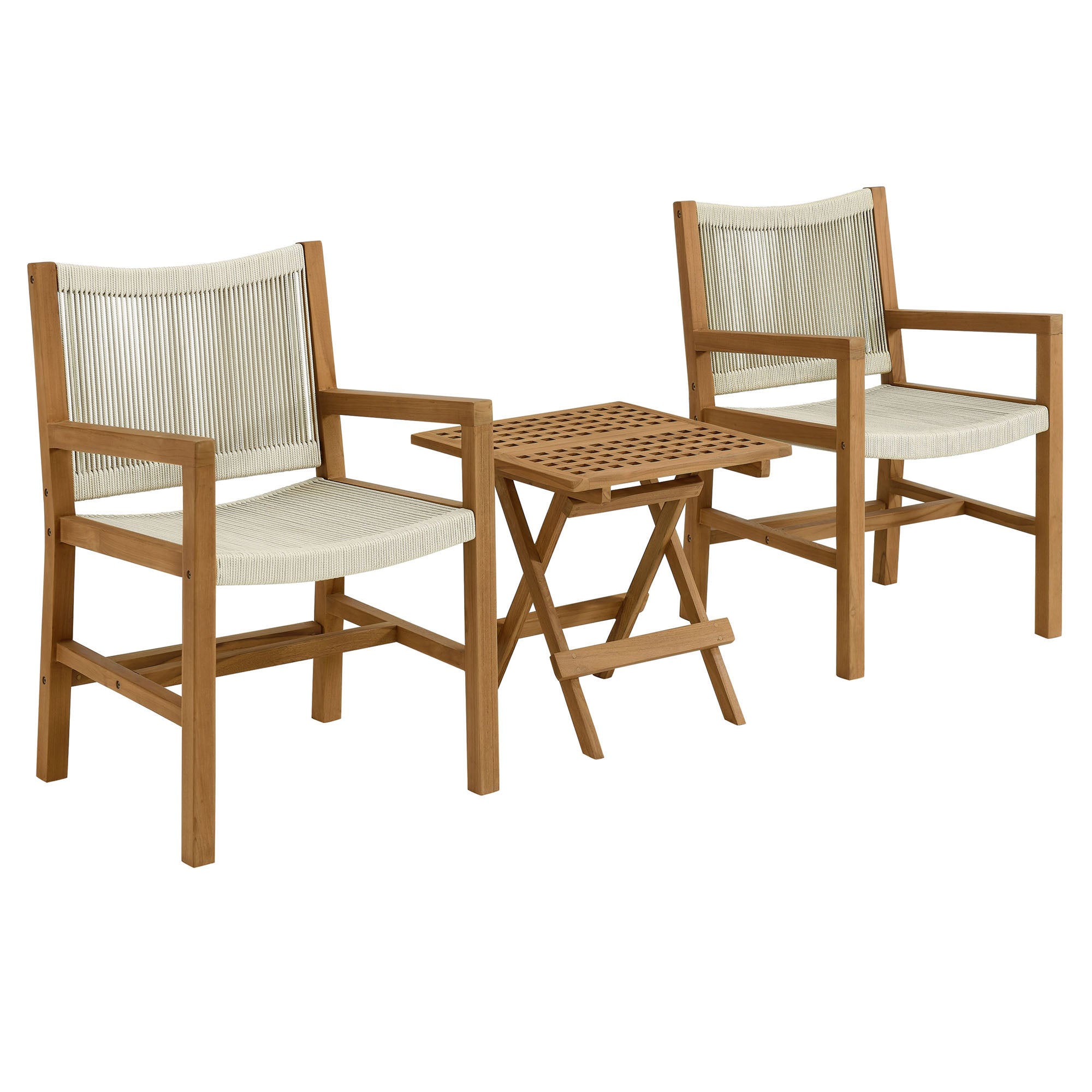 Modway Vienna 3-Piece Outdoor Patio Teak and Rope Armchairs with Folding Side Table