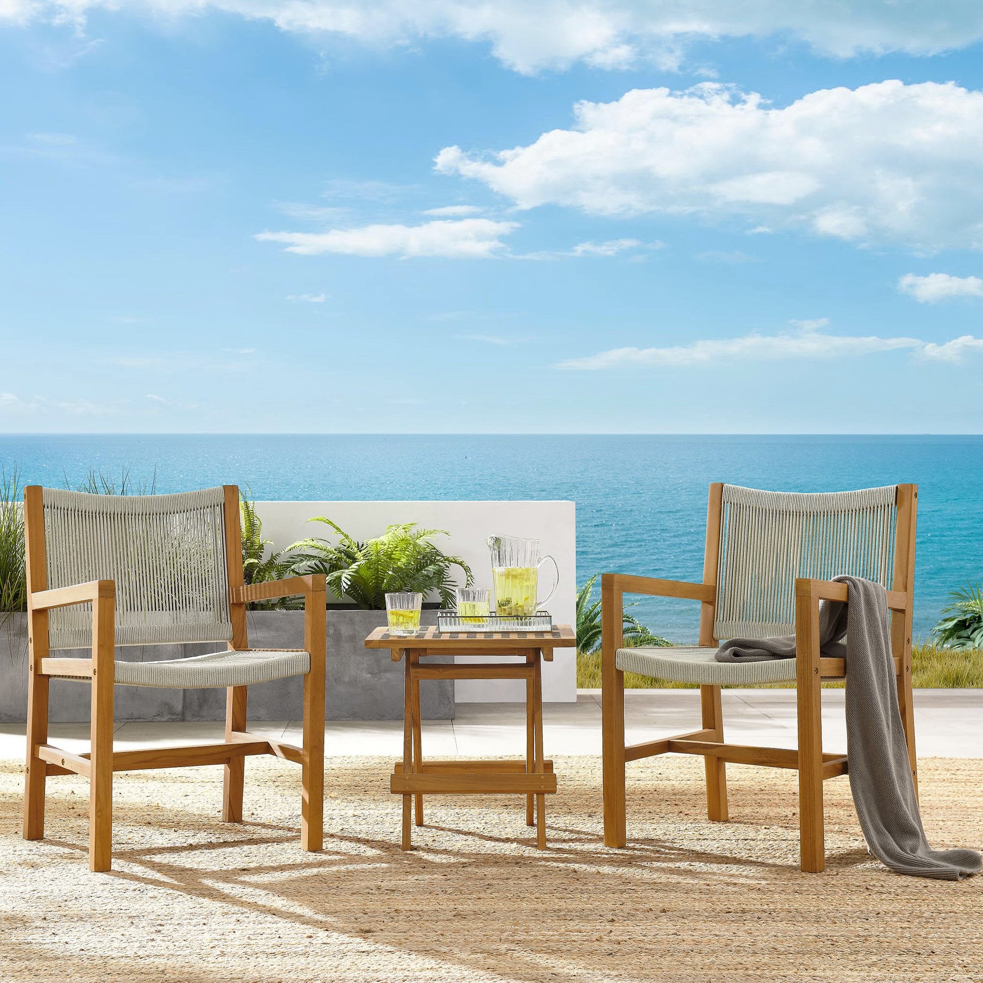 Modway Vienna 3-Piece Outdoor Patio Teak and Rope Armchairs with Folding Side Table