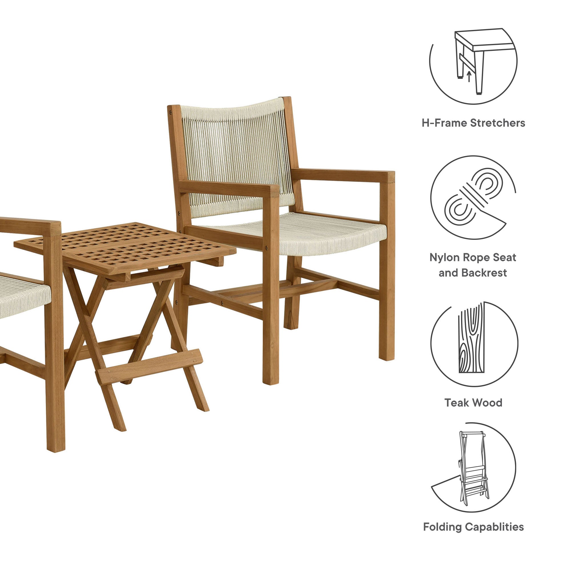 Modway Vienna 3-Piece Outdoor Patio Teak and Rope Armchairs with Folding Side Table