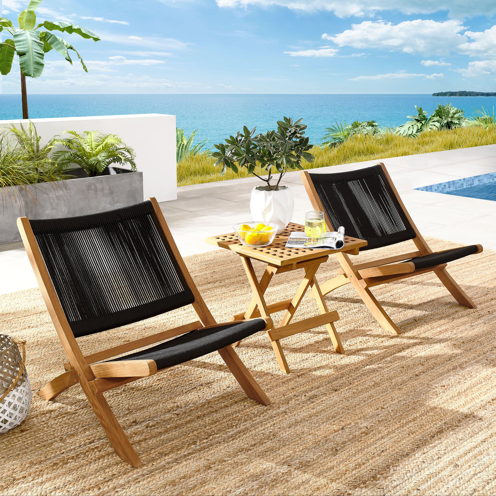 Modway Vienna 3-Piece Outdoor Patio Teak and Rope Folding Lounge Chairs and Side Table