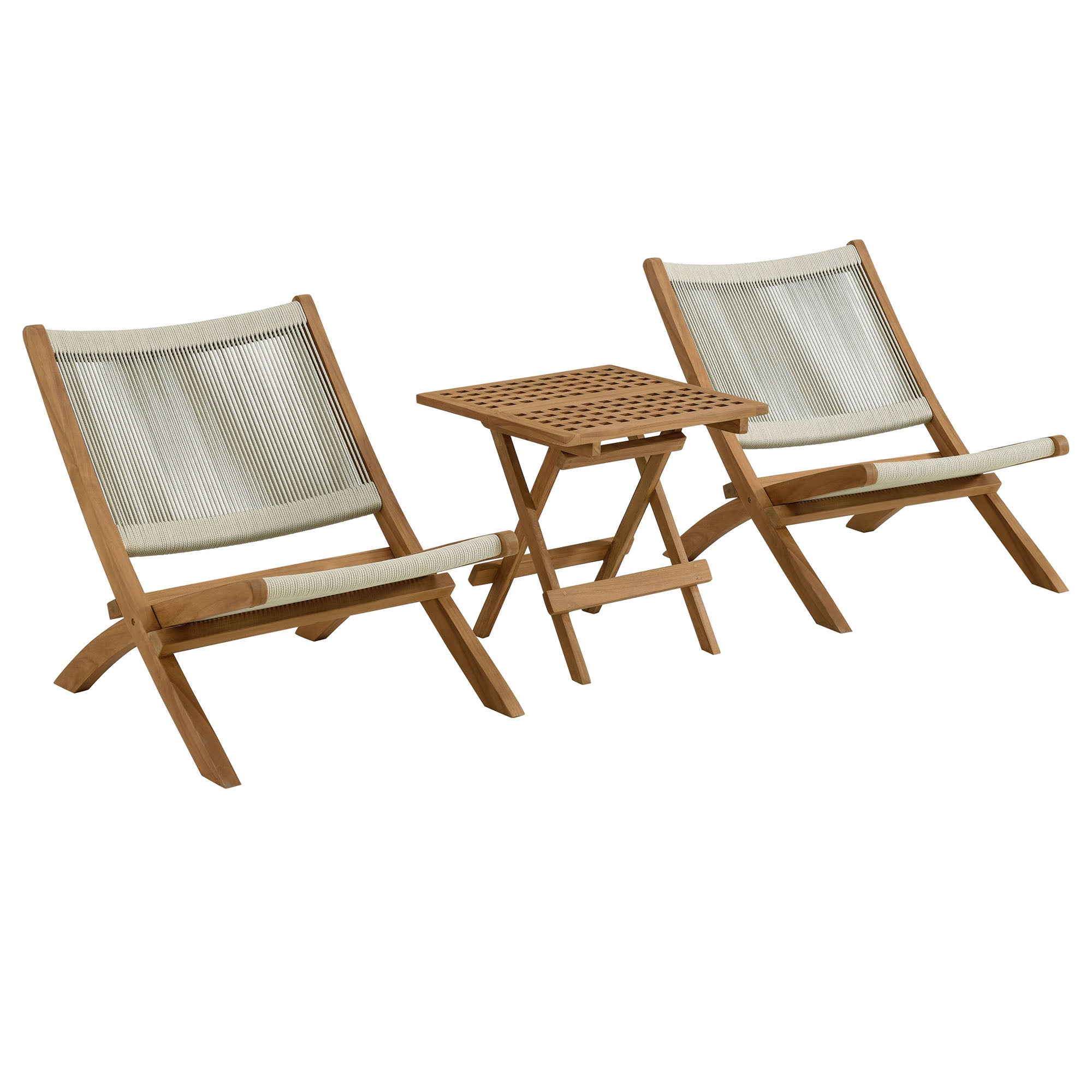 Modway Vienna 3-Piece Outdoor Patio Teak and Rope Folding Lounge Chairs and Side Table
