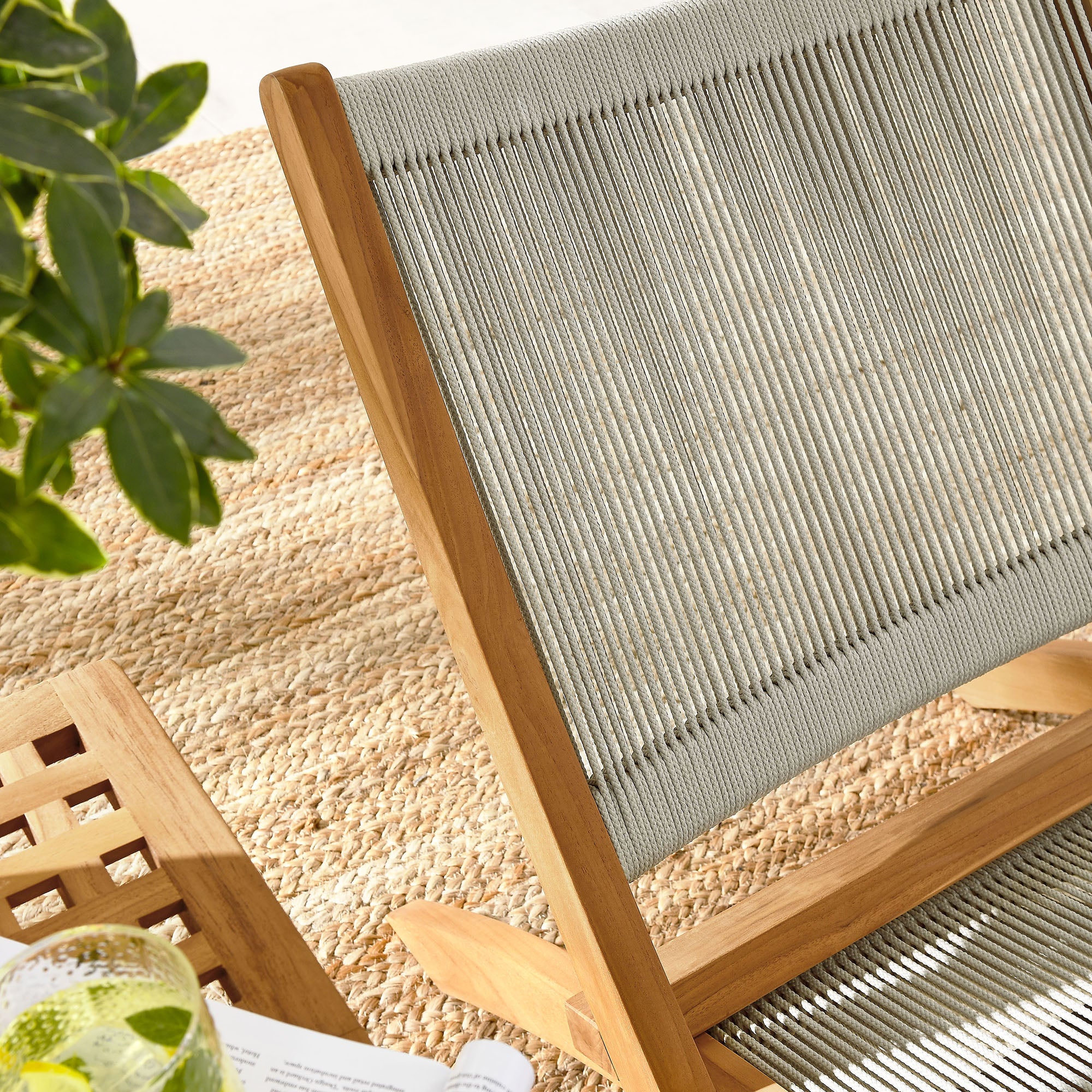 Modway Vienna 3-Piece Outdoor Patio Teak and Rope Folding Lounge Chairs and Side Table