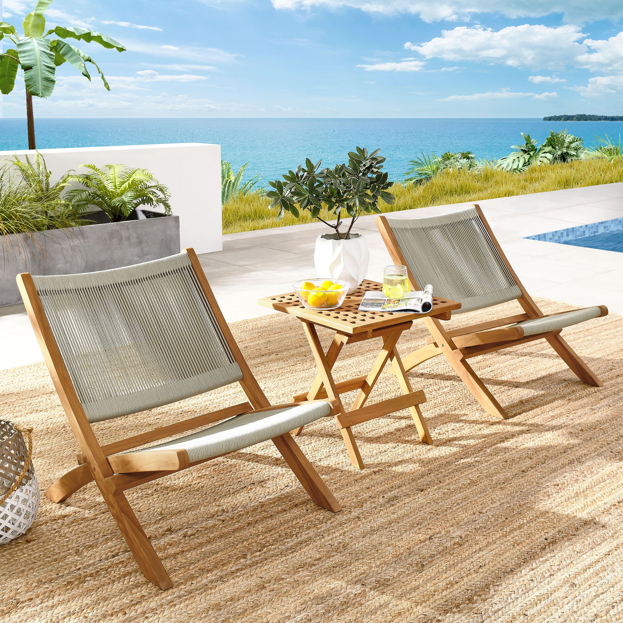 Modway Vienna 3-Piece Outdoor Patio Teak and Rope Folding Lounge Chairs and Side Table