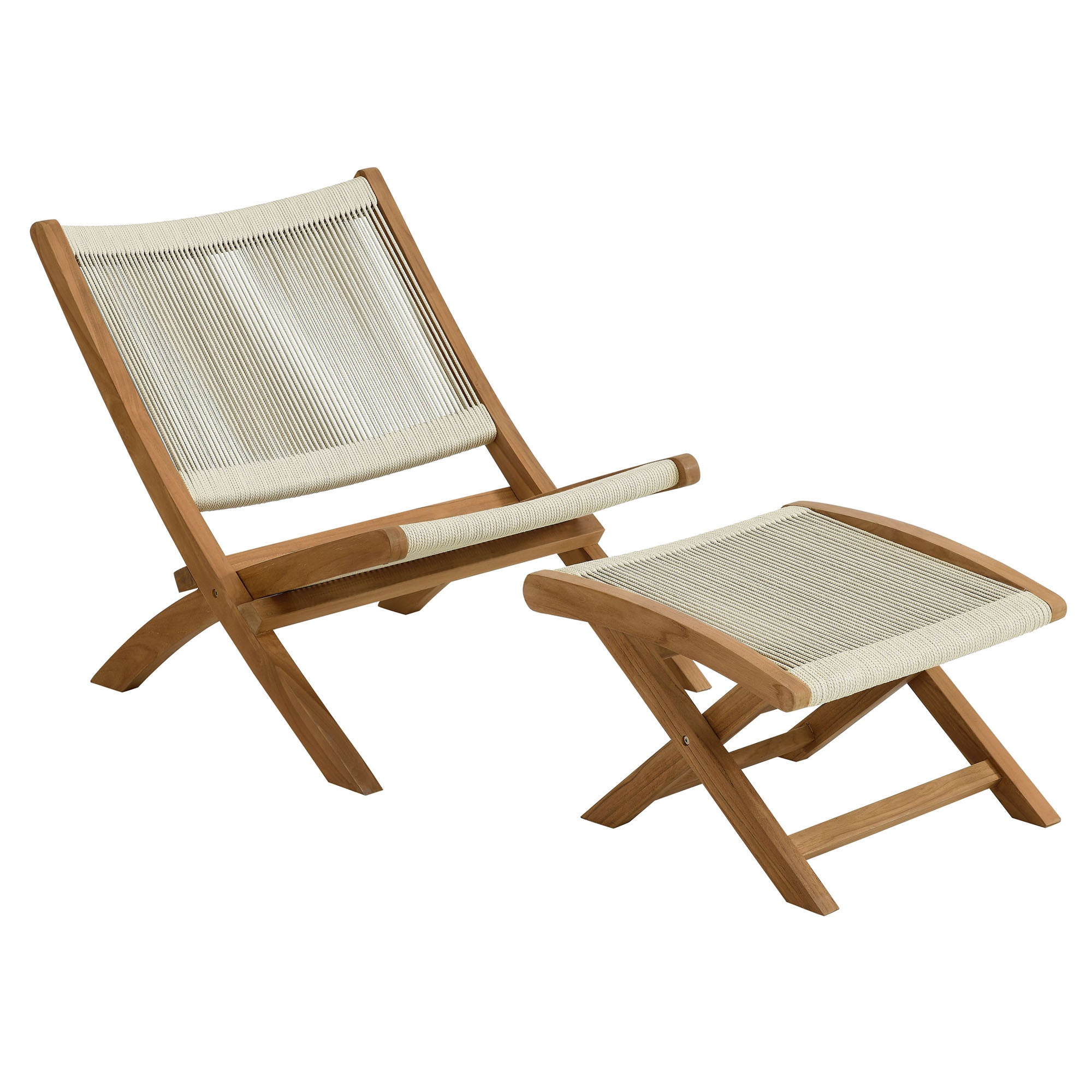 Modway Vienna 2-Piece Outdoor Patio Teak and Rope Folding Accent Lounge Chair and Ottoman Set