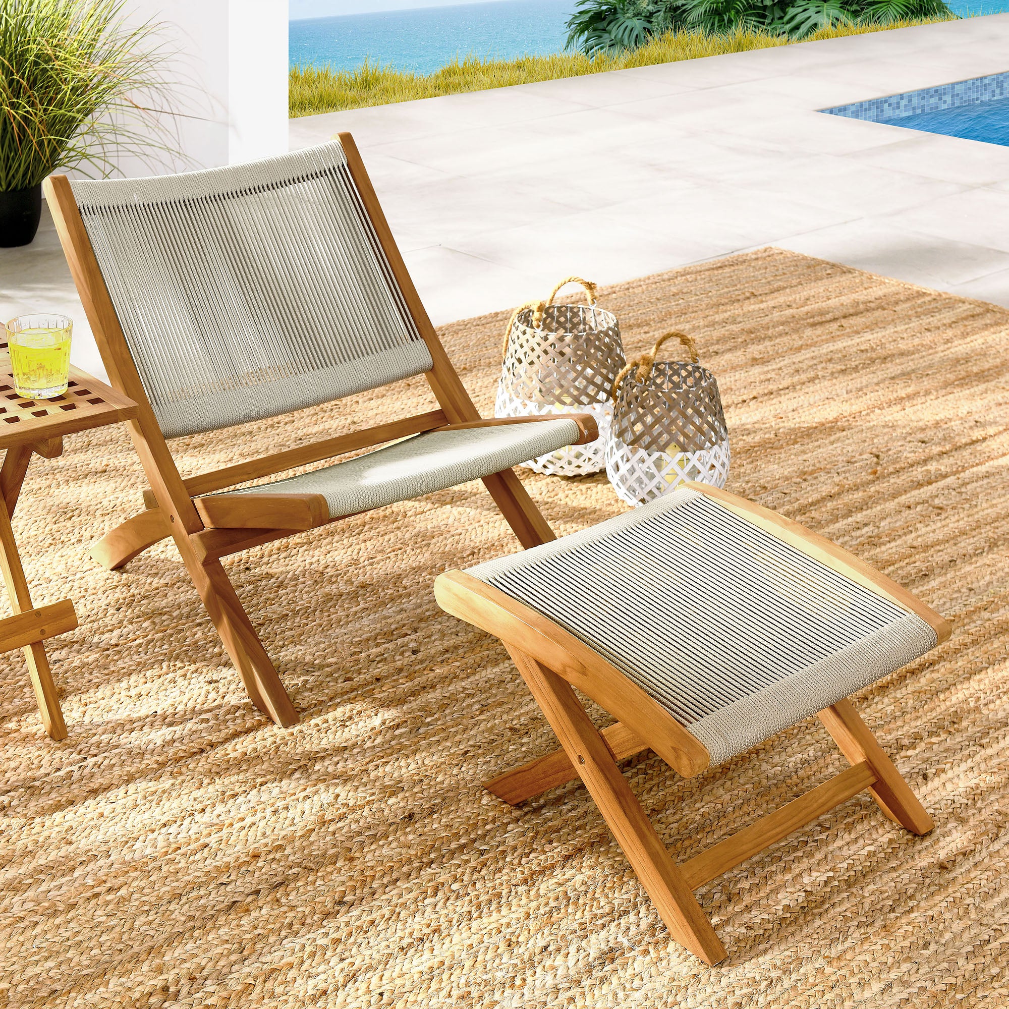 Modway Vienna 2-Piece Outdoor Patio Teak and Rope Folding Accent Lounge Chair and Ottoman Set