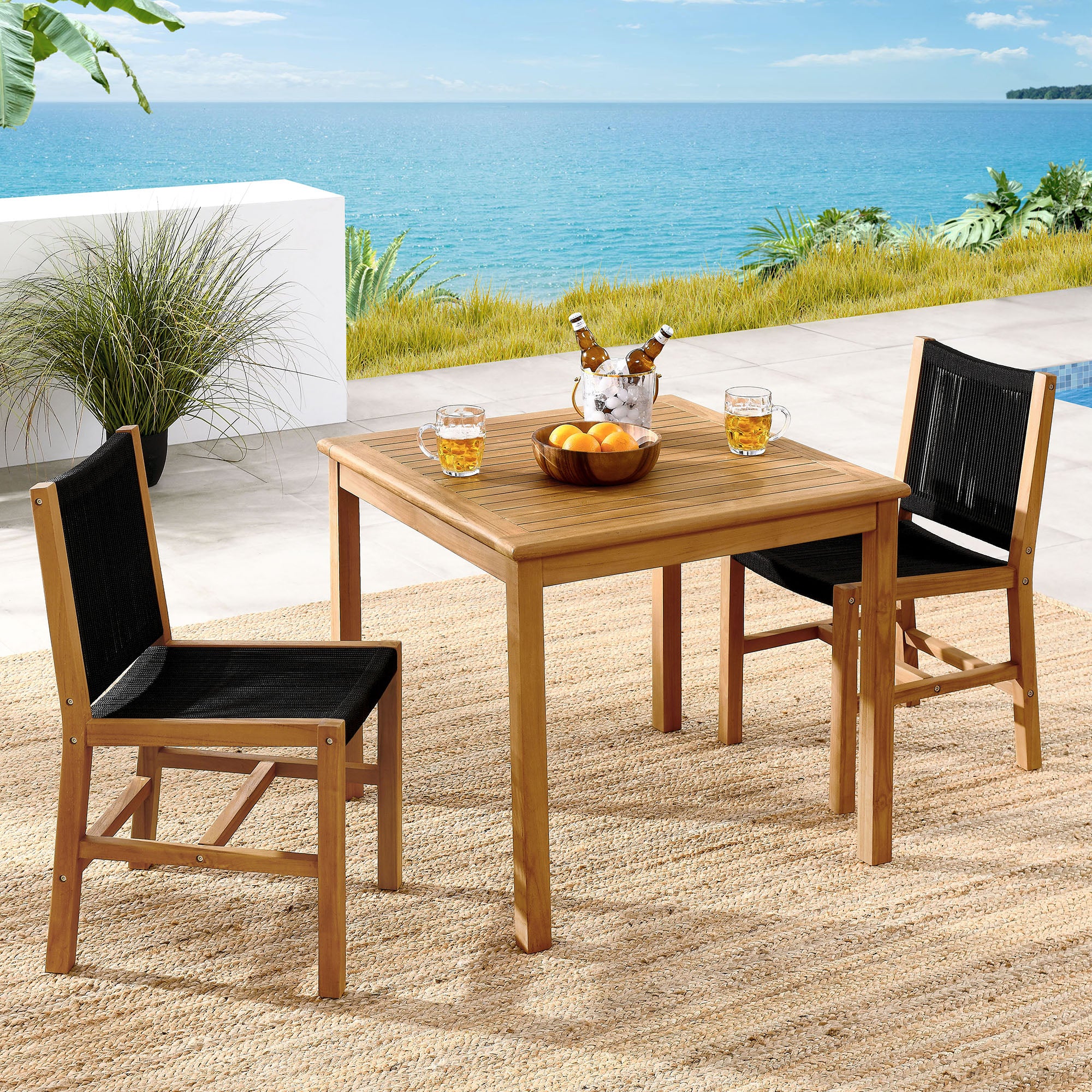 Modway Vienna 3-Piece Outdoor Patio Teak and Rope Dining Set with Armless Chiars