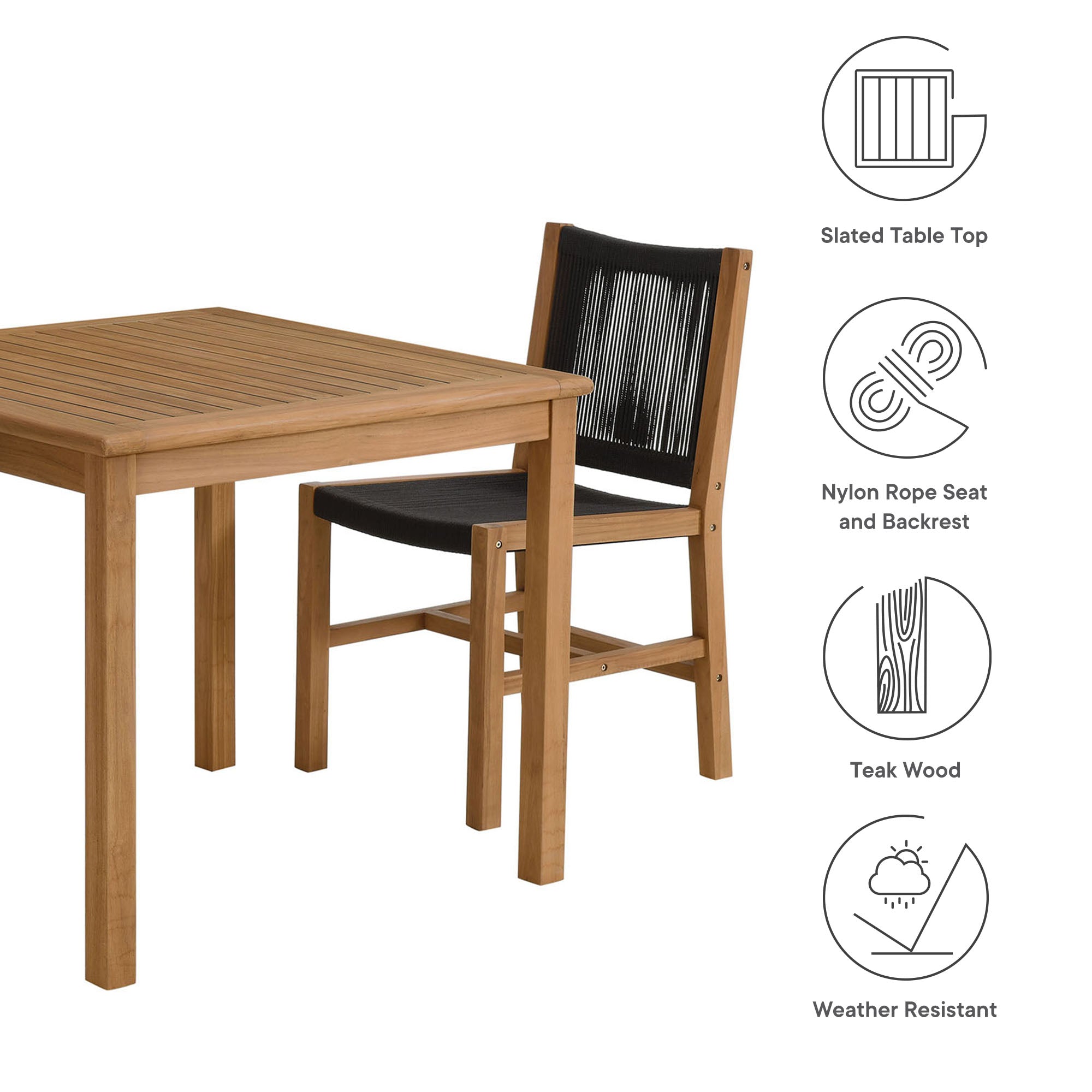 Modway Vienna 3-Piece Outdoor Patio Teak and Rope Dining Set with Armless Chiars