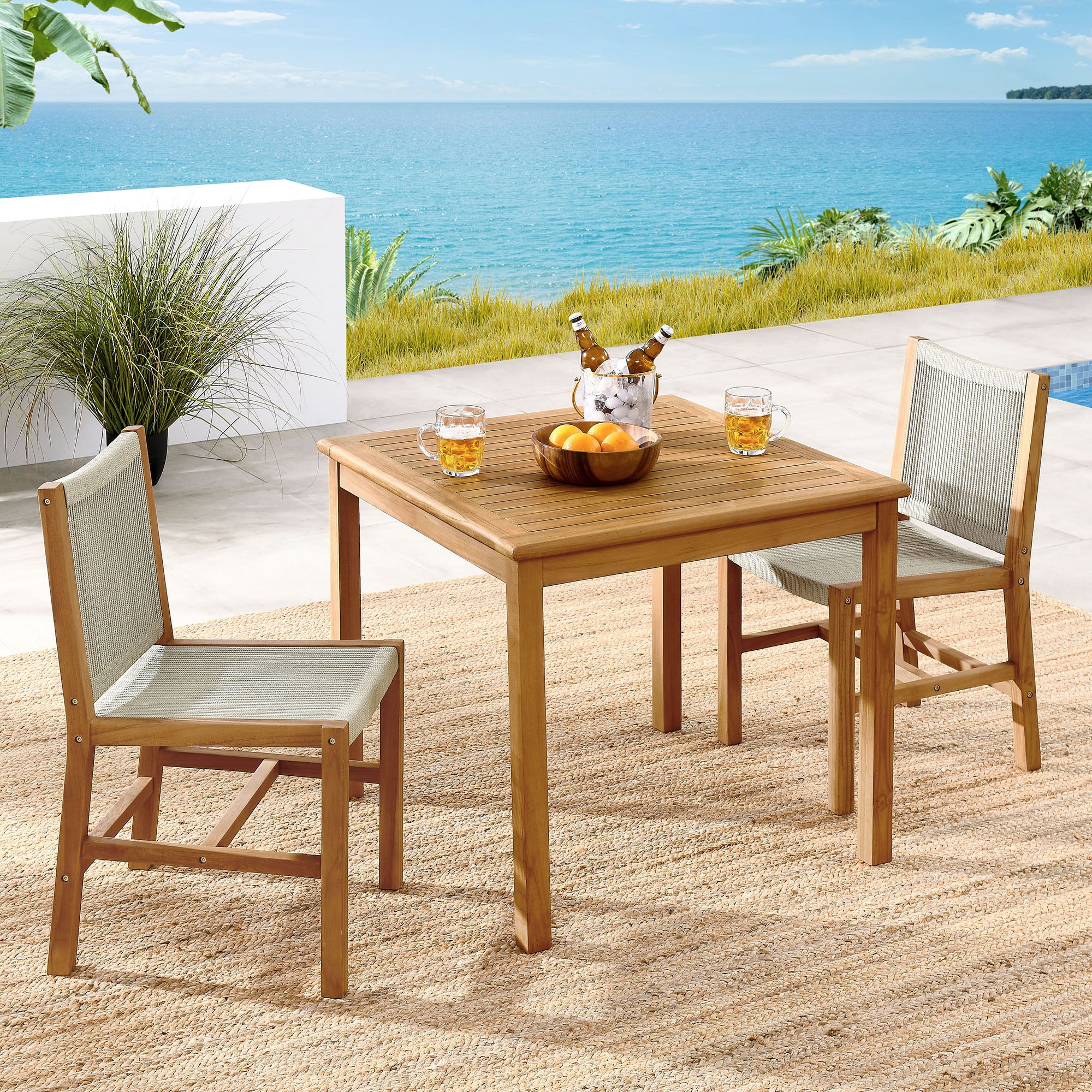 Modway Vienna 3-Piece Outdoor Patio Teak and Rope Dining Set with Armless Chiars