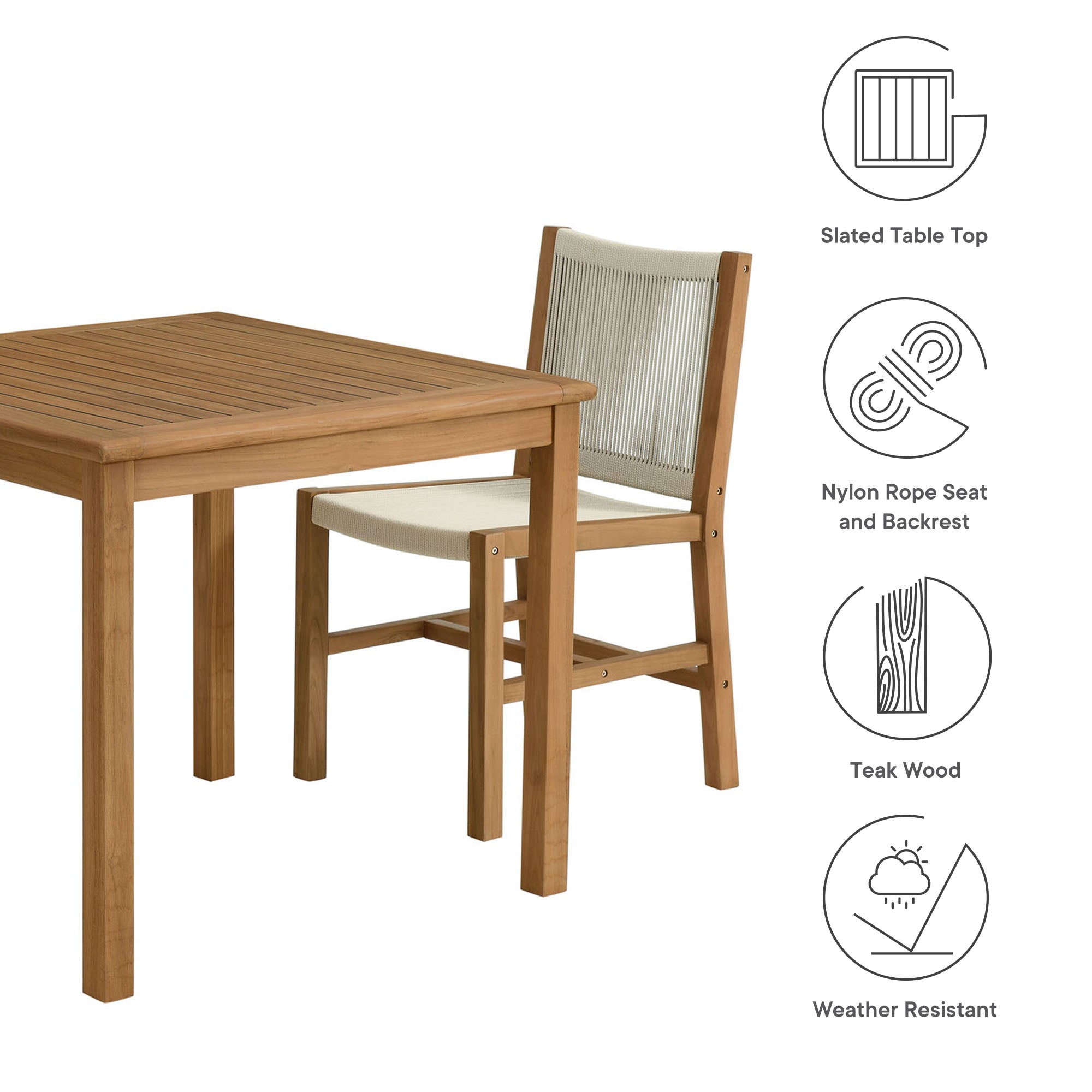 Modway Vienna 3-Piece Outdoor Patio Teak and Rope Dining Set with Armless Chiars