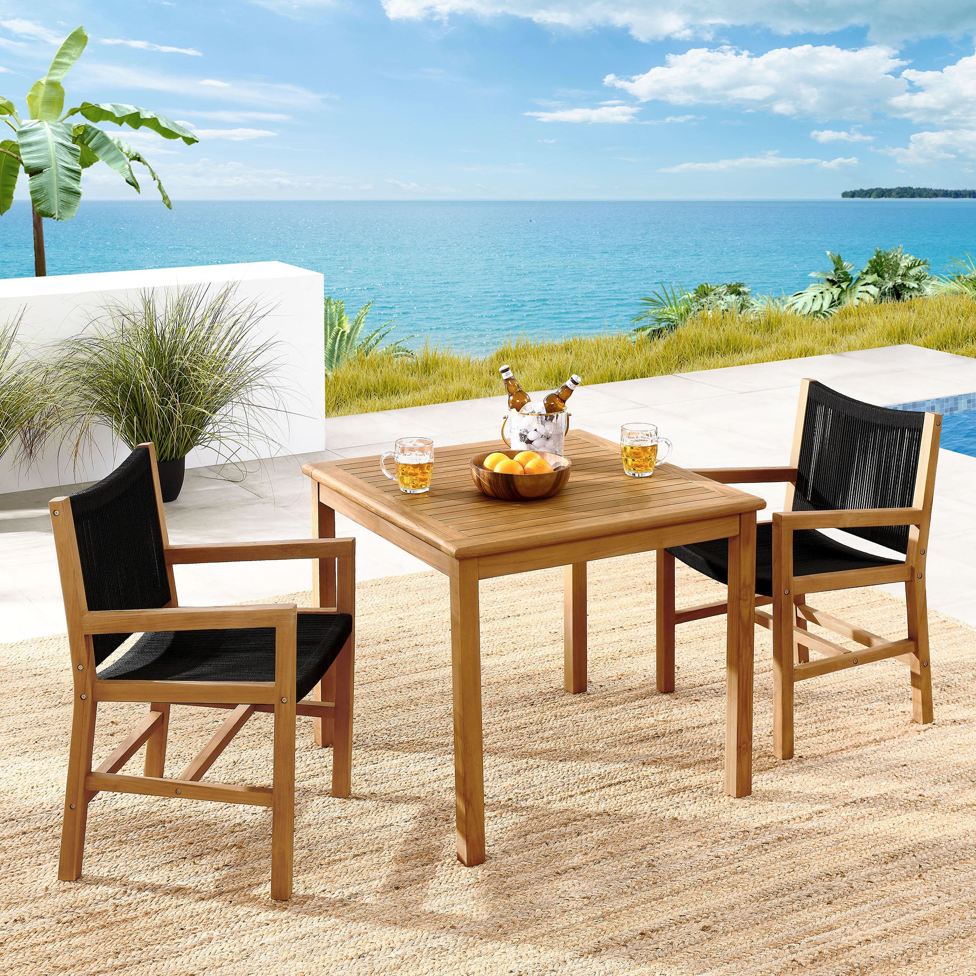 Modway Vienna 3-Piece Outdoor Patio Teak and Rope Dining Set with Armchairs