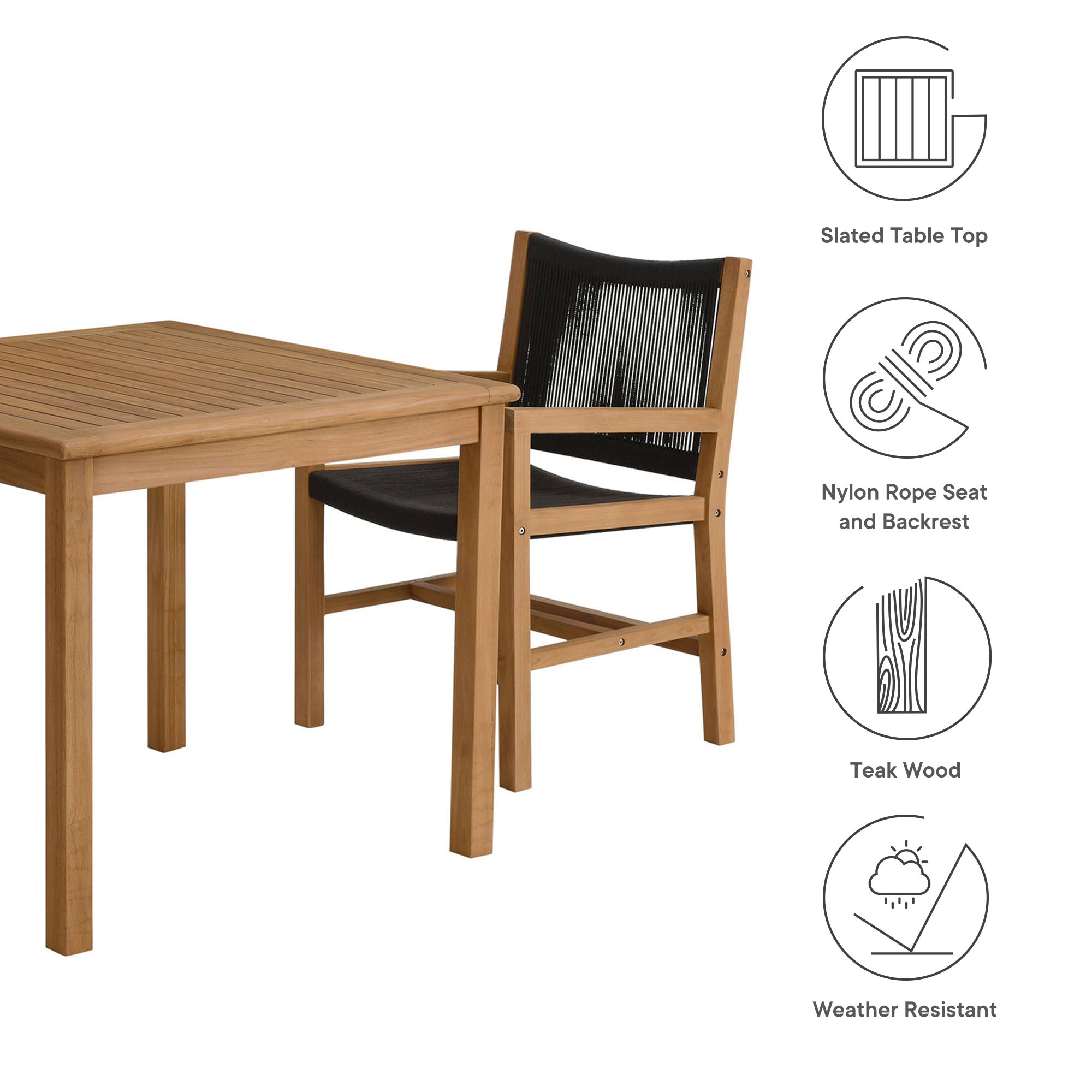 Modway Vienna 3-Piece Outdoor Patio Teak and Rope Dining Set with Armchairs