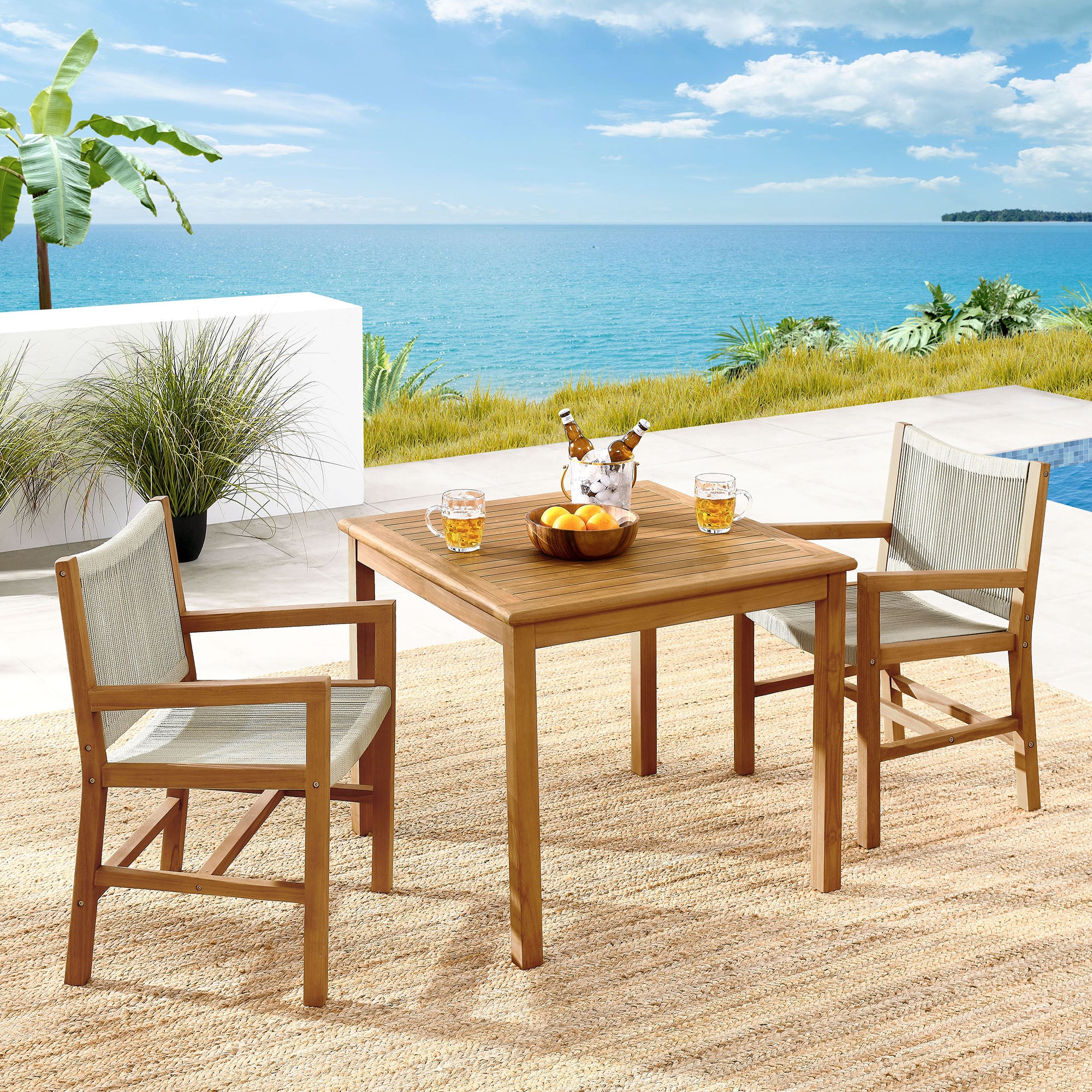 Modway Vienna 3-Piece Outdoor Patio Teak and Rope Dining Set with Armchairs