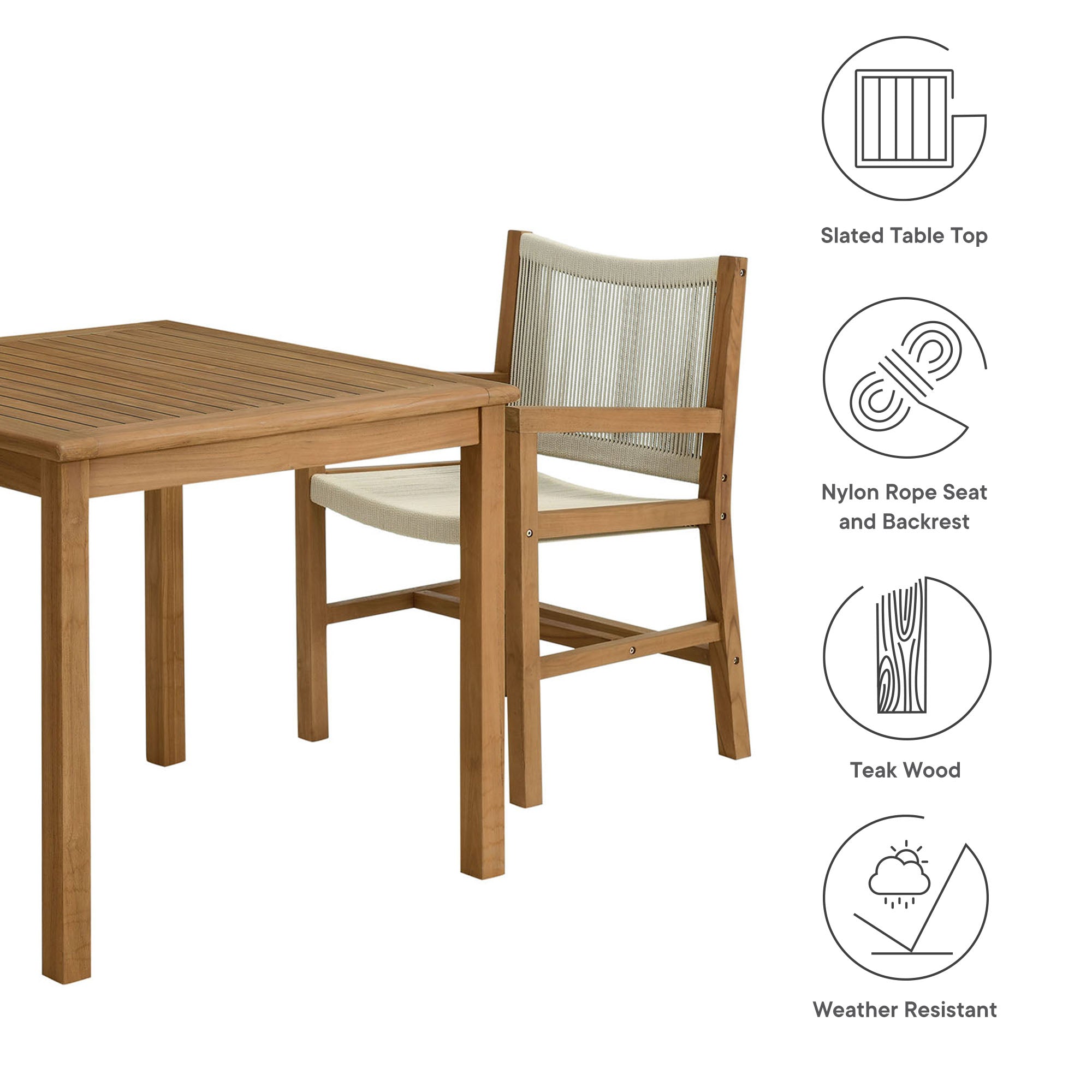 Modway Vienna 3-Piece Outdoor Patio Teak and Rope Dining Set with Armchairs