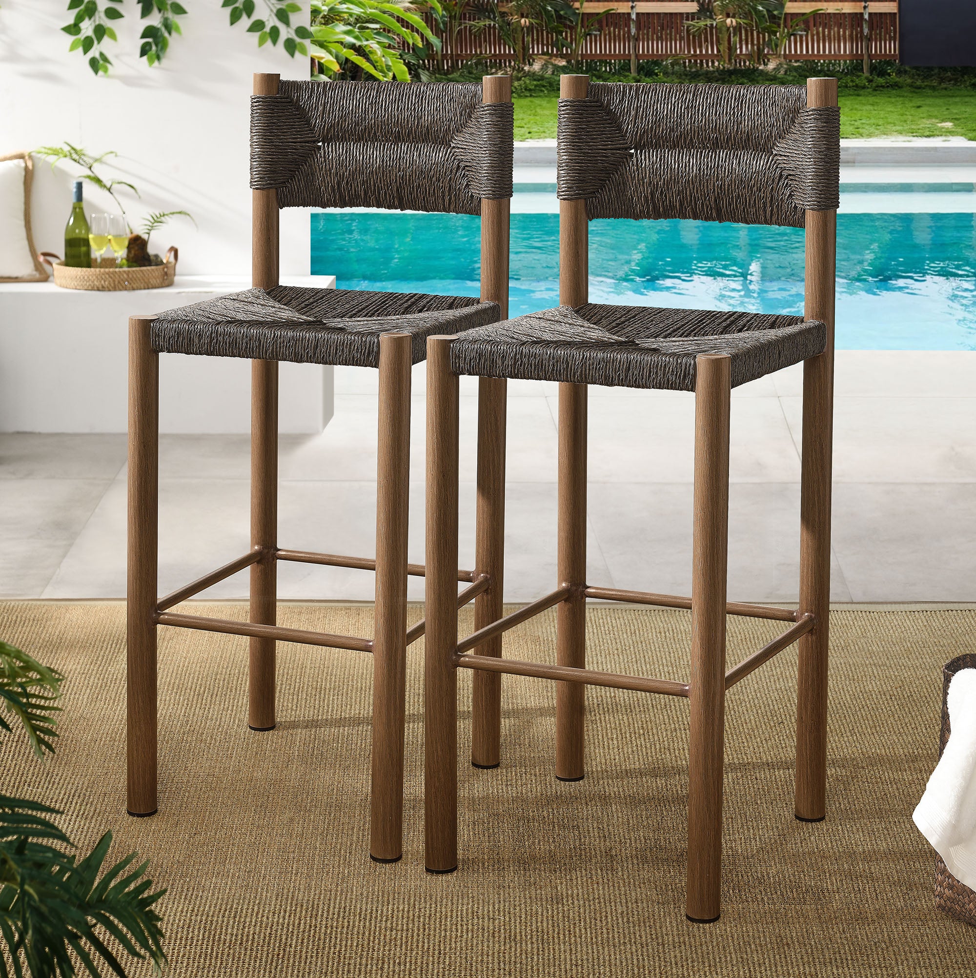 Modway Parkland Outdoor Patio Rattan and Aluminum Bar Stools Set of 2
