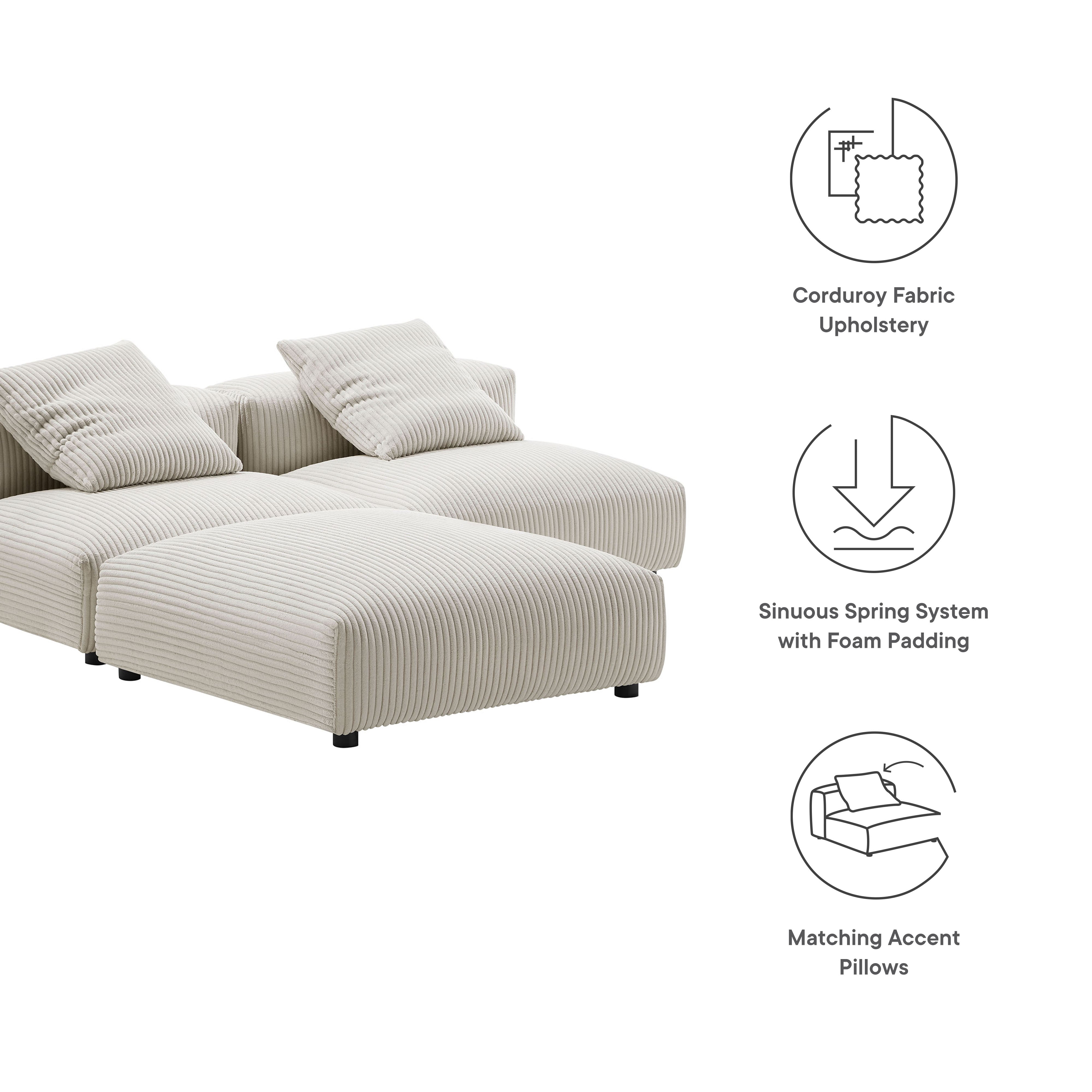 Modway Solace 3-Piece Modular Corduroy Upholstered Sectional Sofa