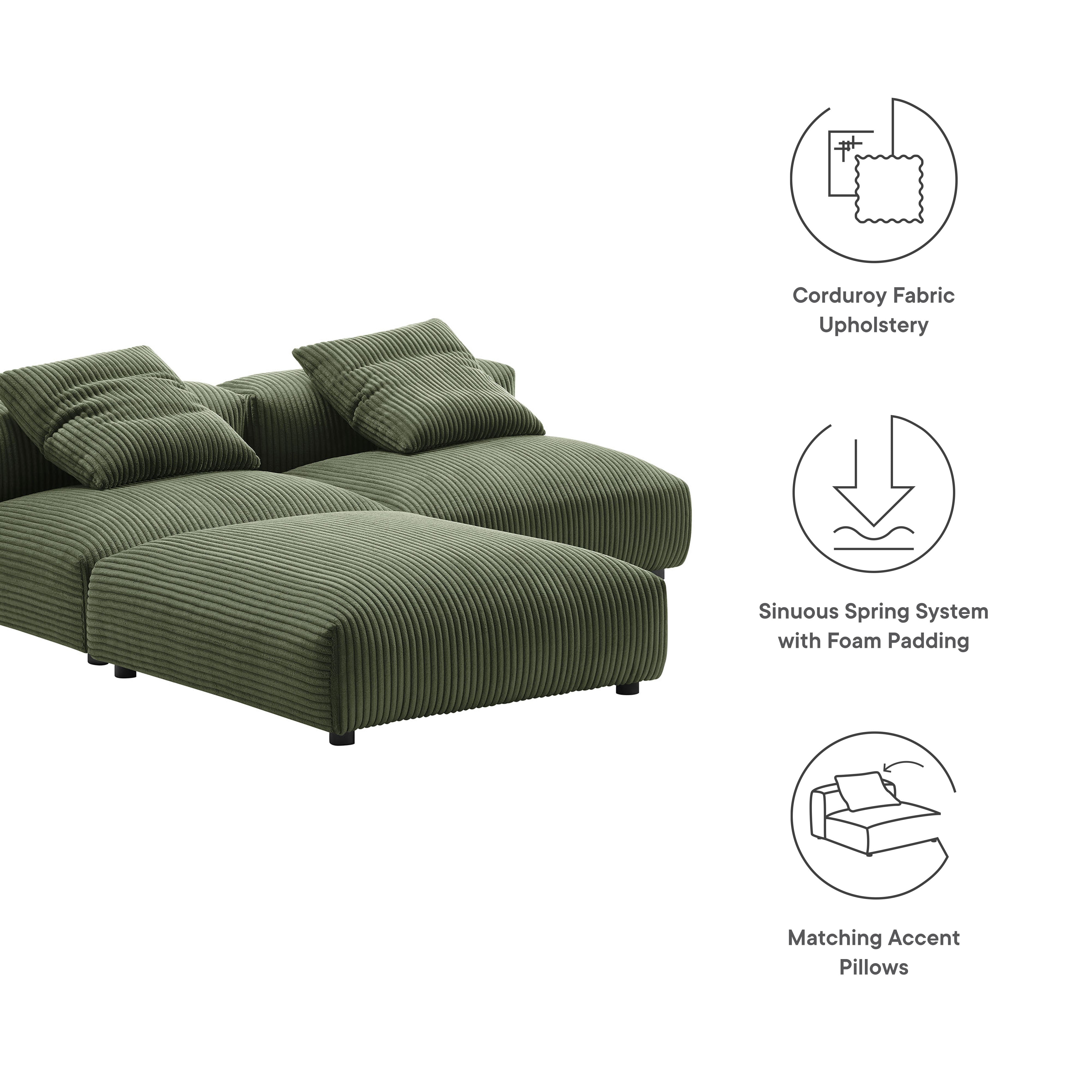 Modway Solace 3-Piece Modular Corduroy Upholstered Sectional Sofa