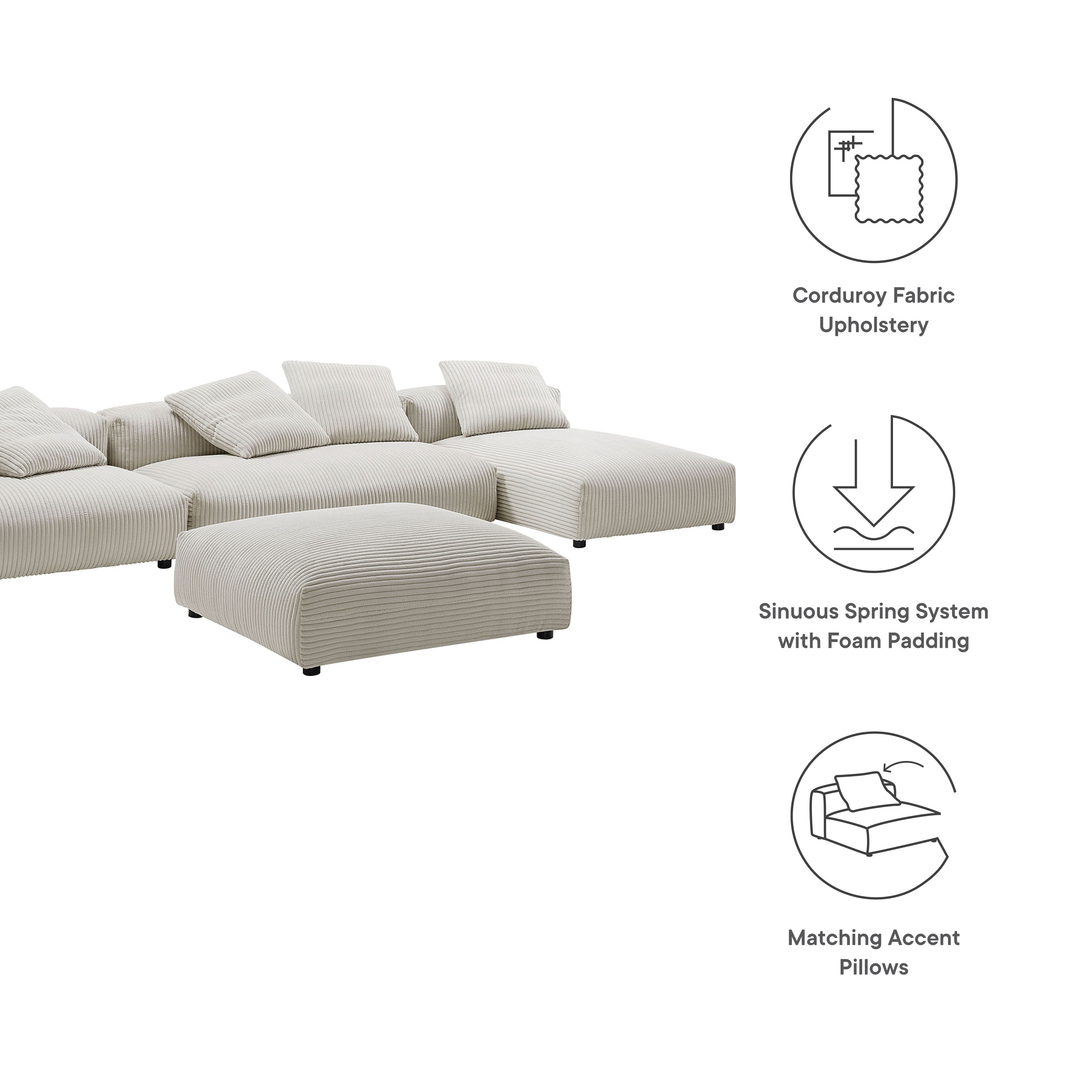 Modway Solace 4-Piece Modular Corduroy Upholstered Sectional Sofa With Ottoman