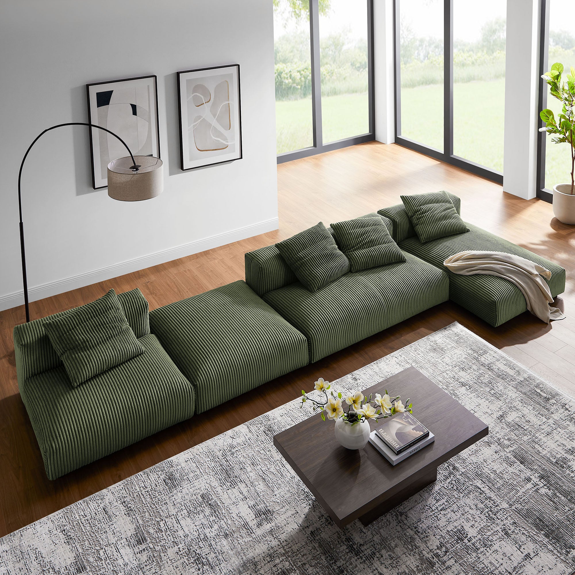 Modway Solace 4-Piece Modular Corduroy Upholstered Sectional Sofa With Ottoman