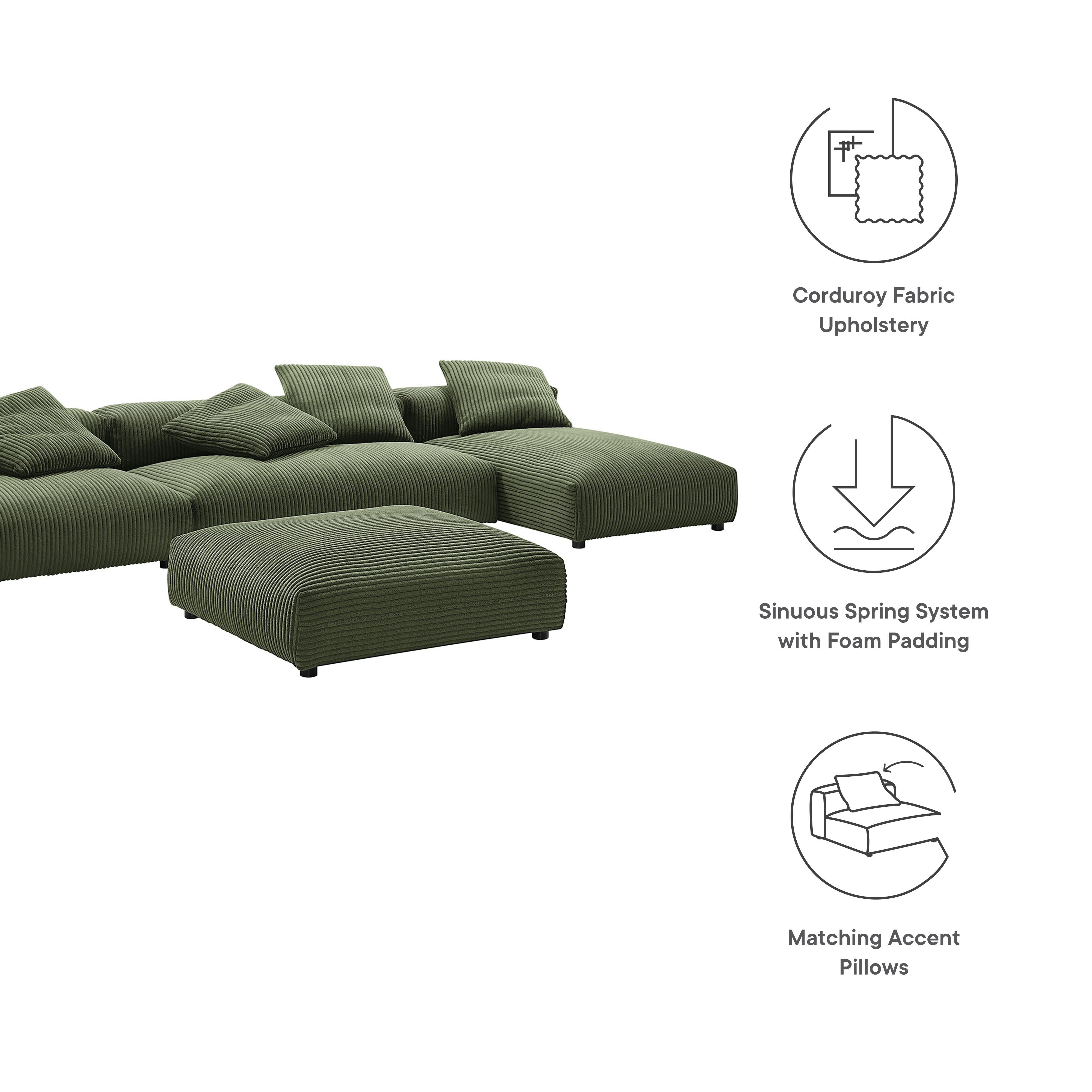 Modway Solace 4-Piece Modular Corduroy Upholstered Sectional Sofa With Ottoman
