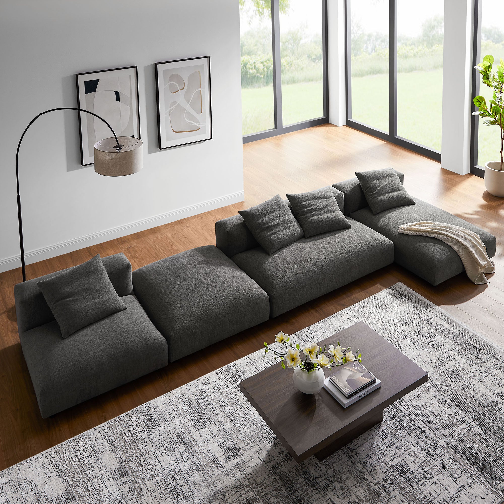 Modway Solace 4-Piece Modular Upholstered Fabric Sectional Sofa With Ottoman