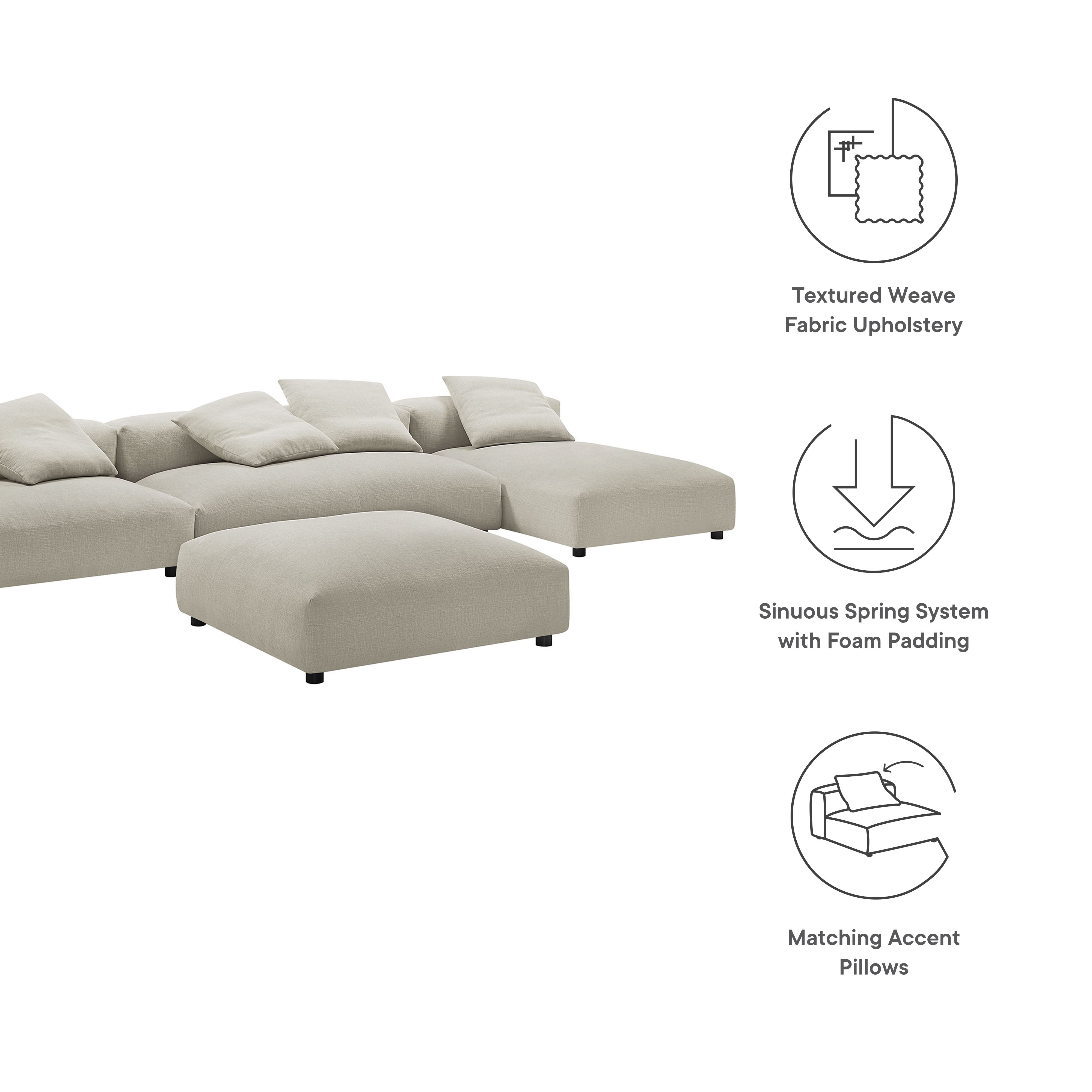 Modway Solace 4-Piece Modular Upholstered Fabric Sectional Sofa With Ottoman