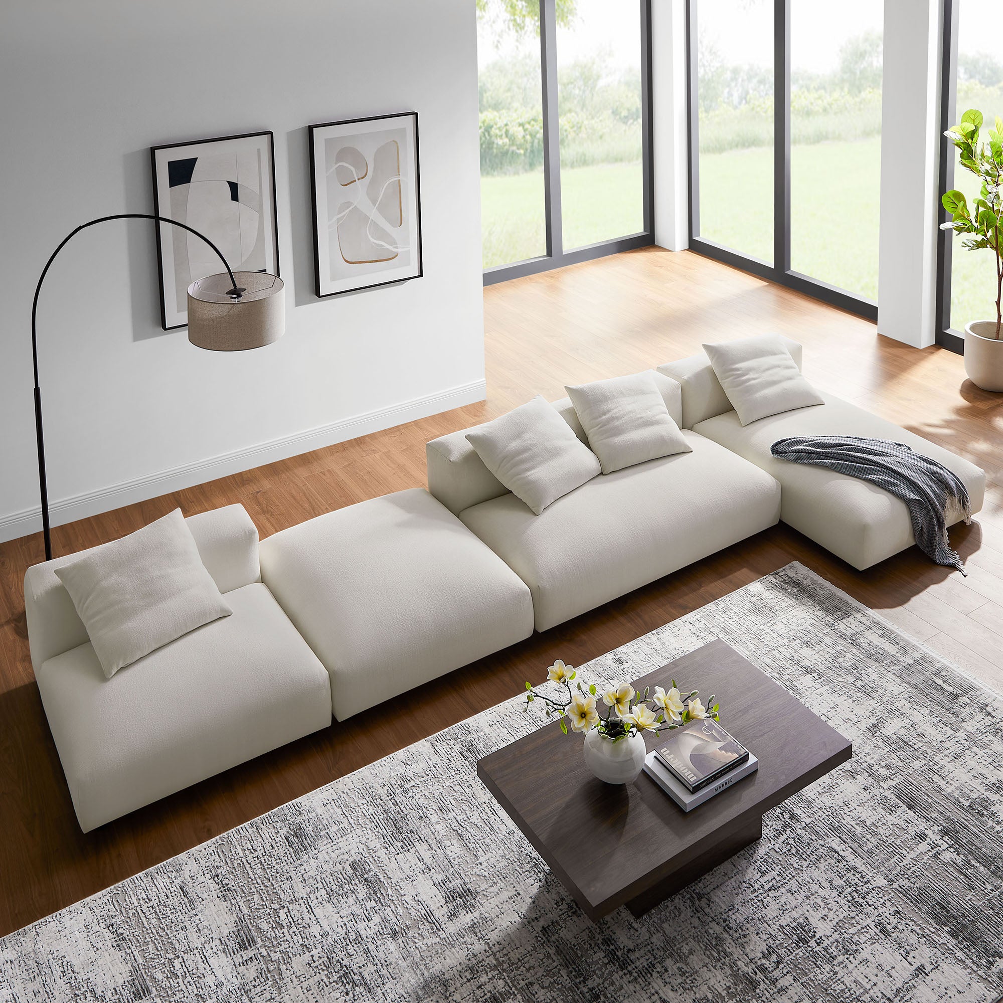 Modway Solace 4-Piece Modular Upholstered Fabric Sectional Sofa With Ottoman