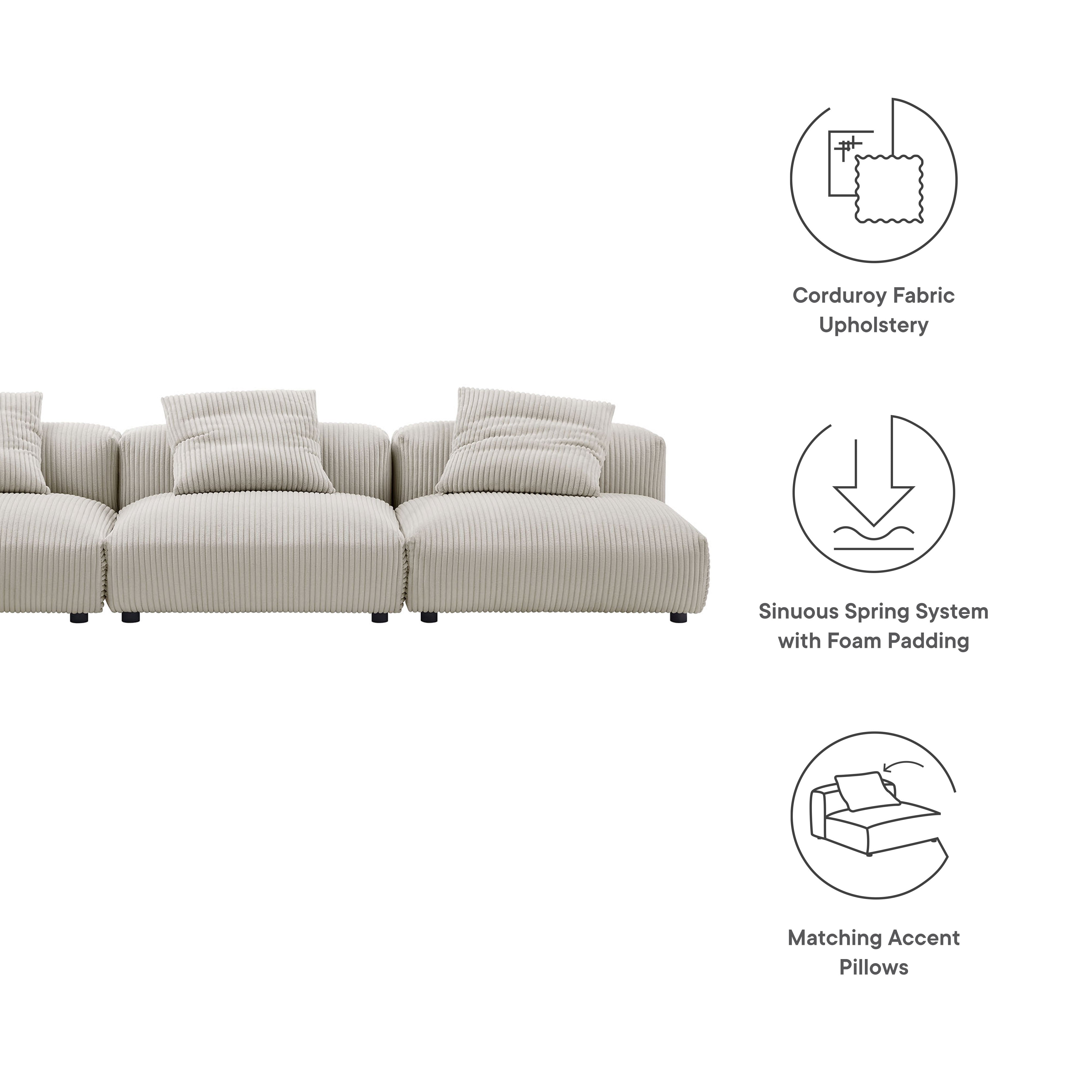 Modway Solace 3-Piece Modular Corduroy Upholstered Sofa