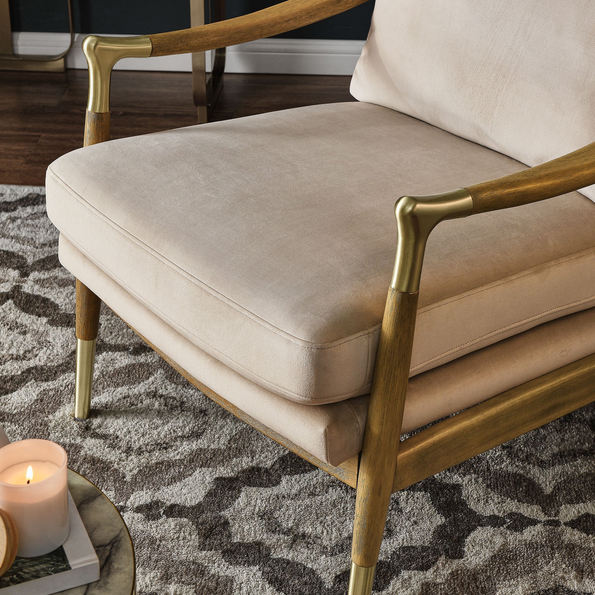 Langford Performance Velvet Accent Armchair with Brass Accents – Mid-Century Modern