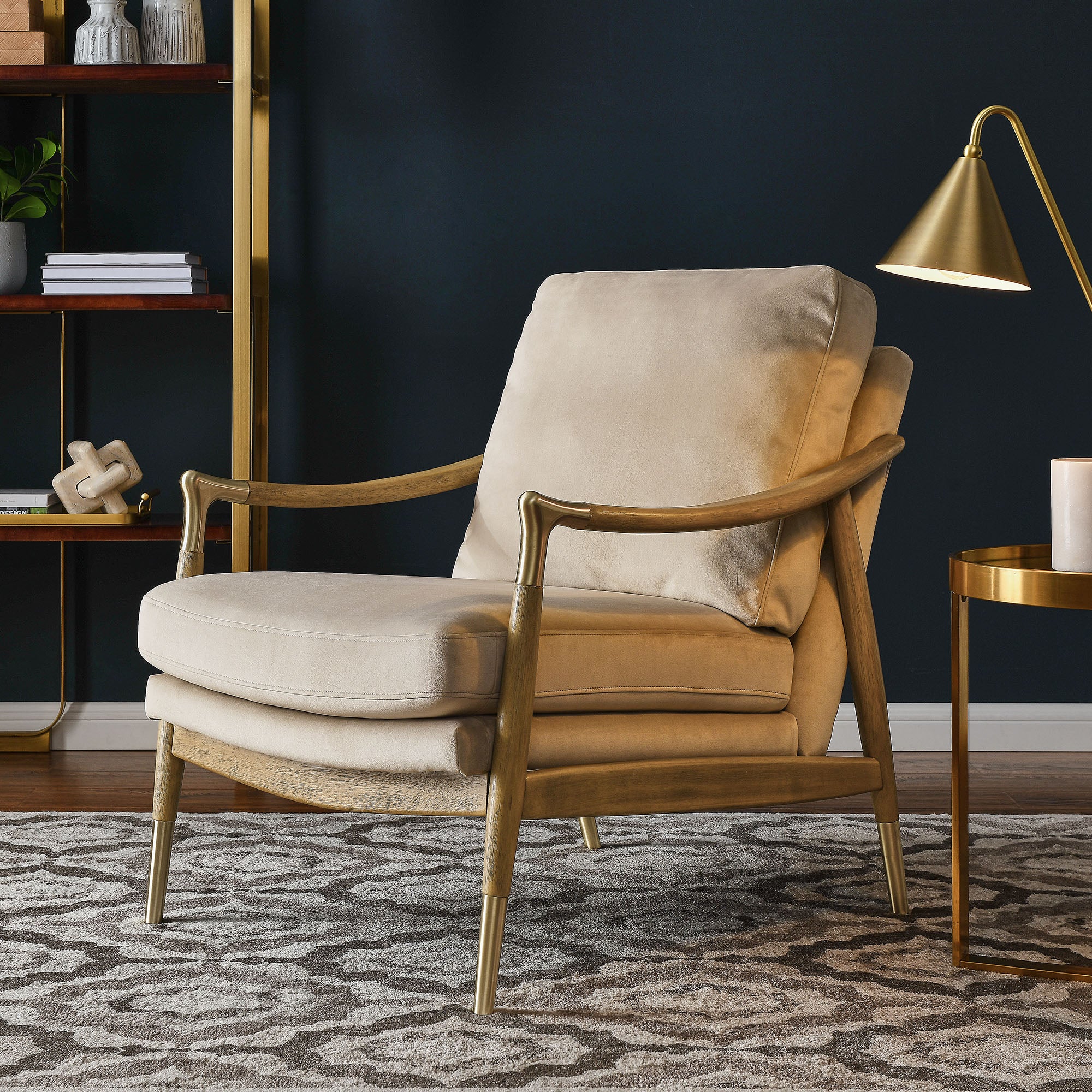Langford Performance Velvet Accent Armchair with Brass Accents – Mid-Century Modern