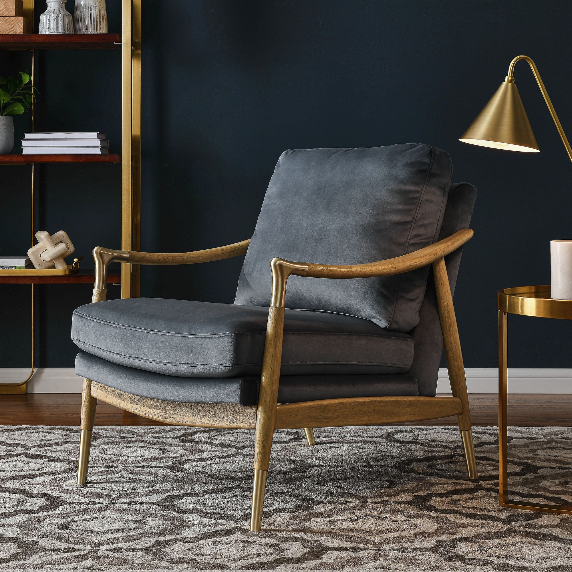 Langford Performance Velvet Accent Armchair with Brass Accents – Mid-Century Modern