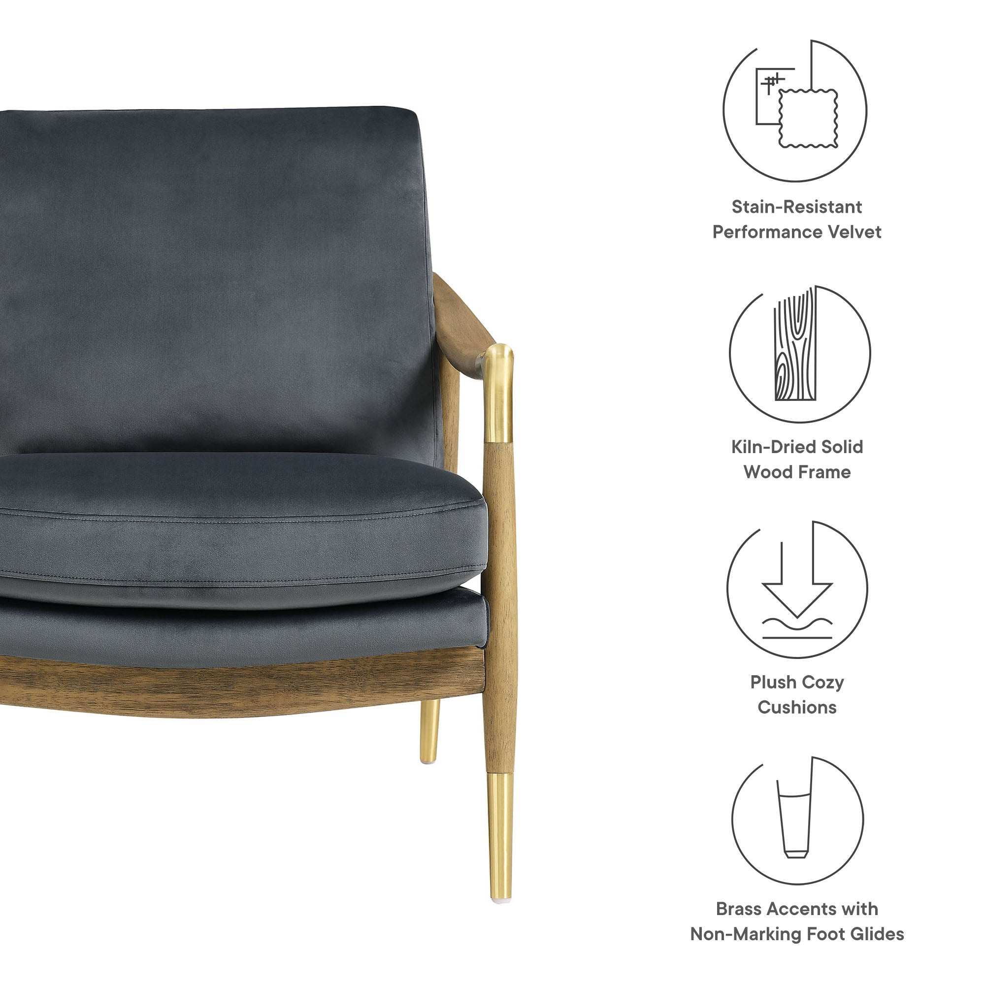 Langford Performance Velvet Accent Armchair with Brass Accents – Mid-Century Modern