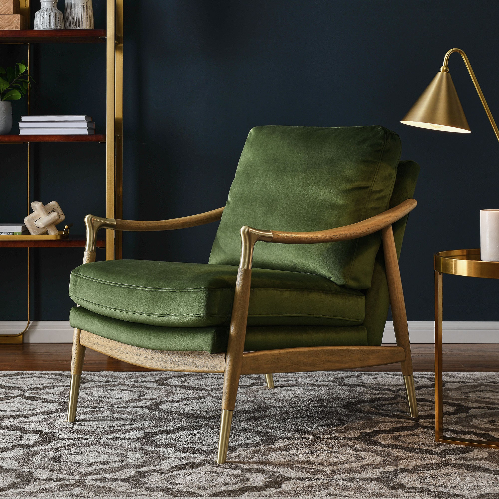 Langford Performance Velvet Accent Armchair with Brass Accents – Mid-Century Modern