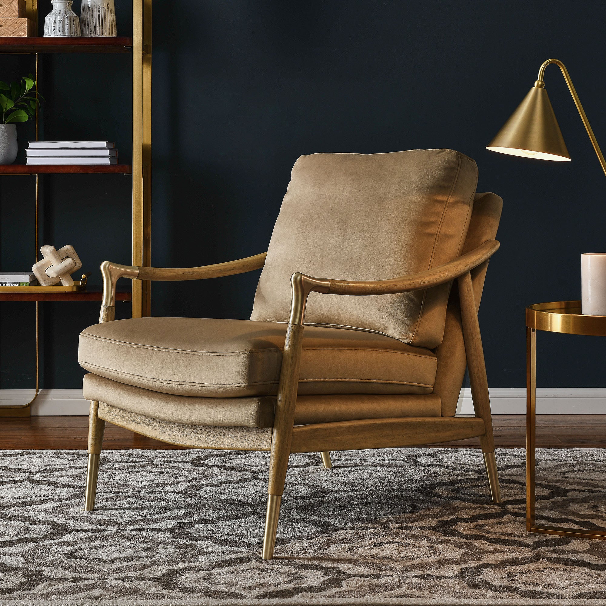 Langford Performance Velvet Accent Armchair with Brass Accents – Mid-Century Modern