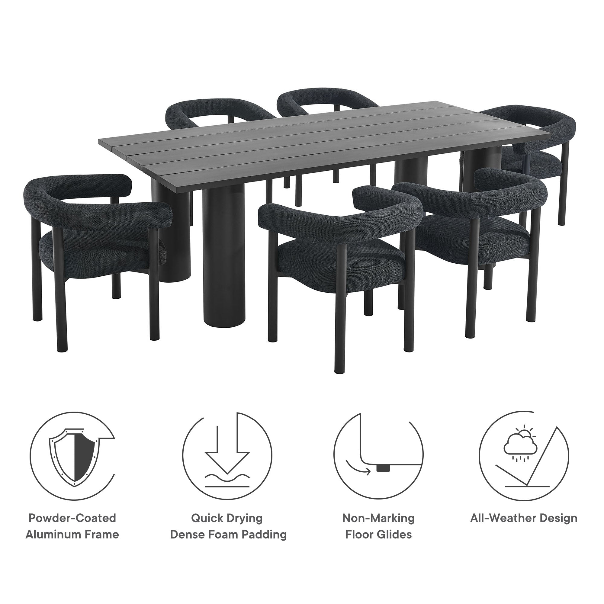 Modway Nautica 7-Piece Rectangular Outdoor Patio Aluminum Dining Table and Chairs Set