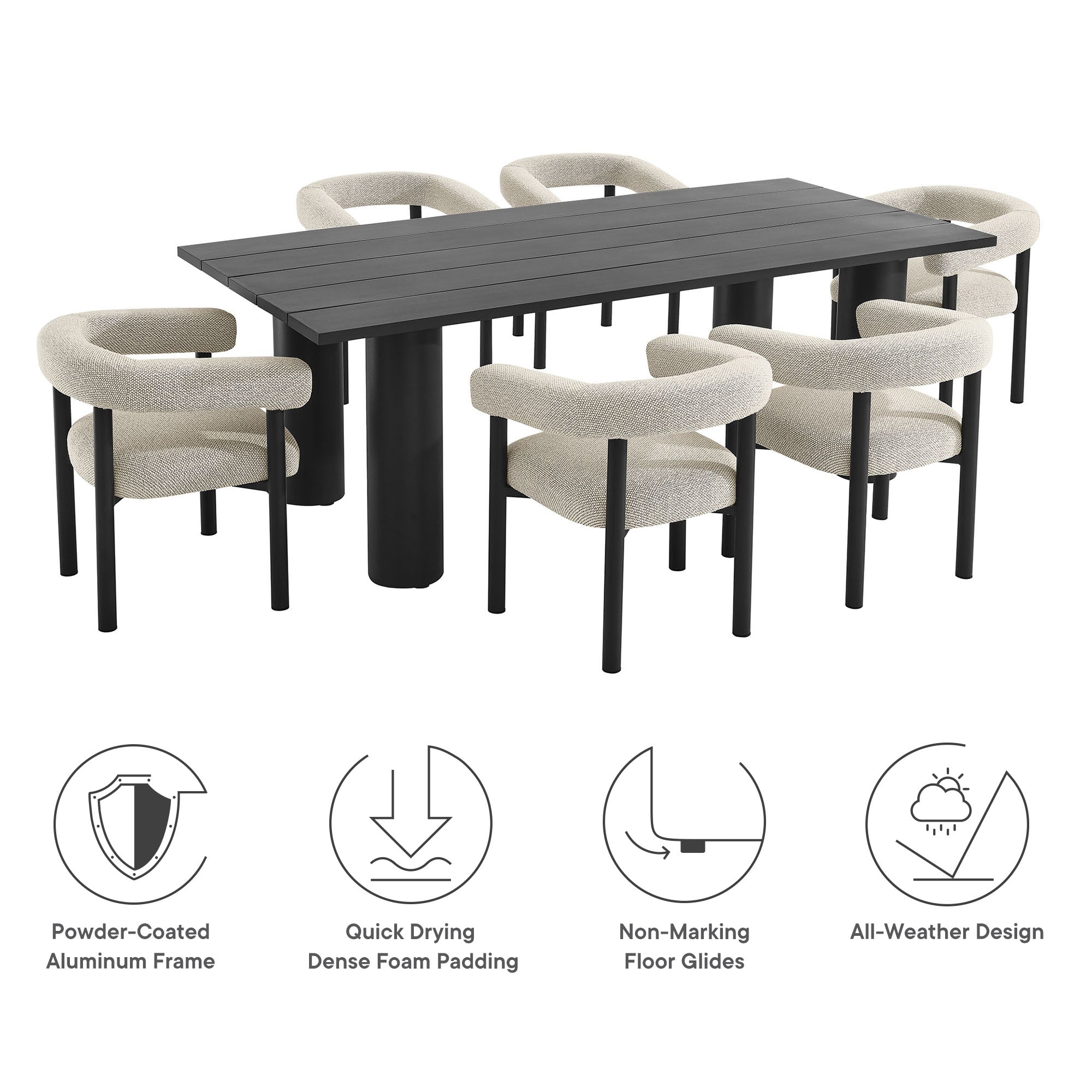Modway Nautica 7-Piece Rectangular Outdoor Patio Aluminum Dining Table and Chairs Set