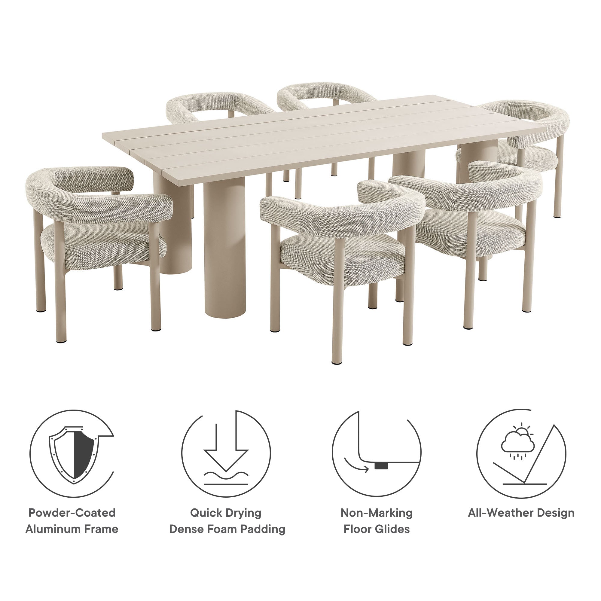 Modway Nautica 7-Piece Rectangular Outdoor Patio Aluminum Dining Table and Chairs Set