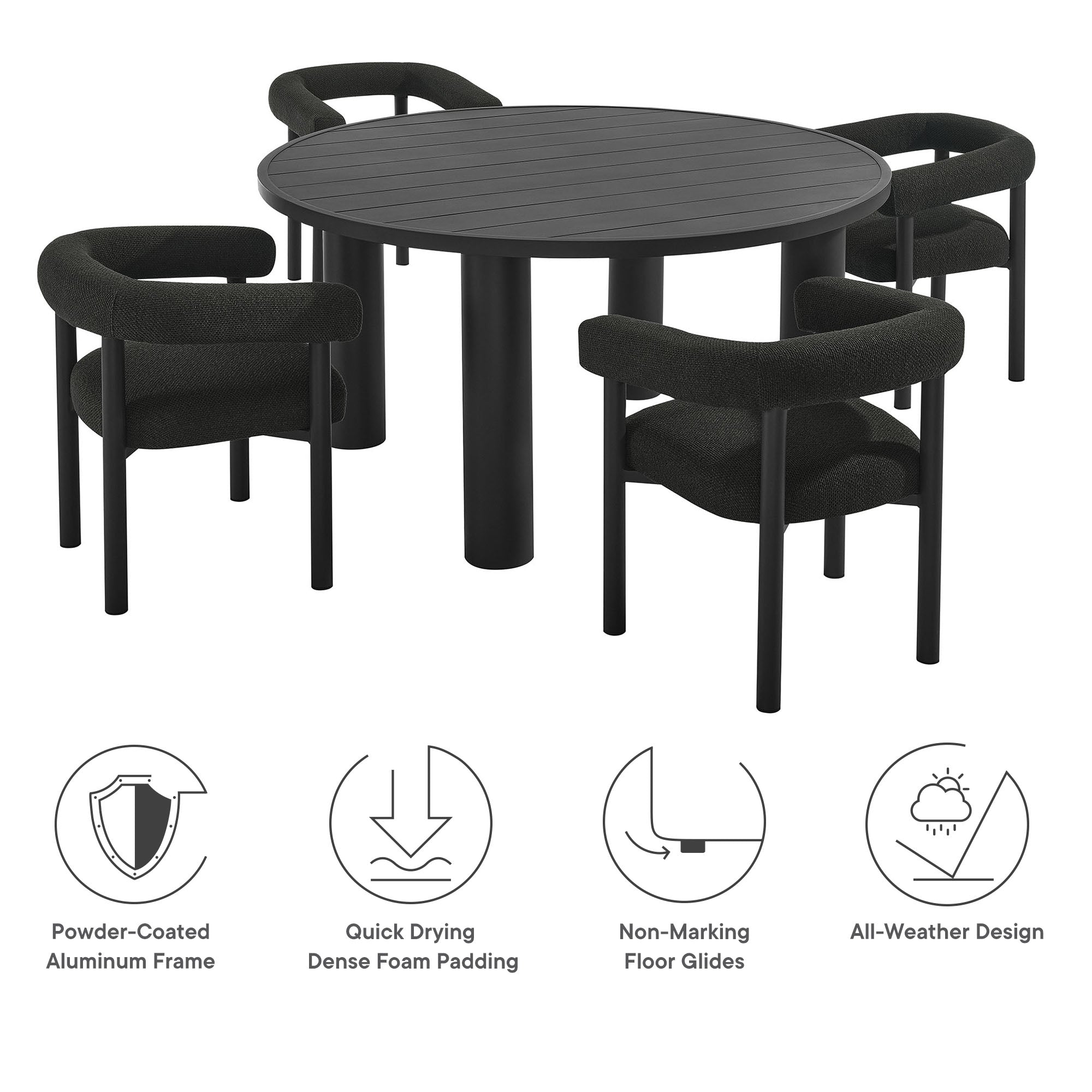 Modway Nautica 5-Piece Round Outdoor Patio Aluminum Dining Table and Chairs Set